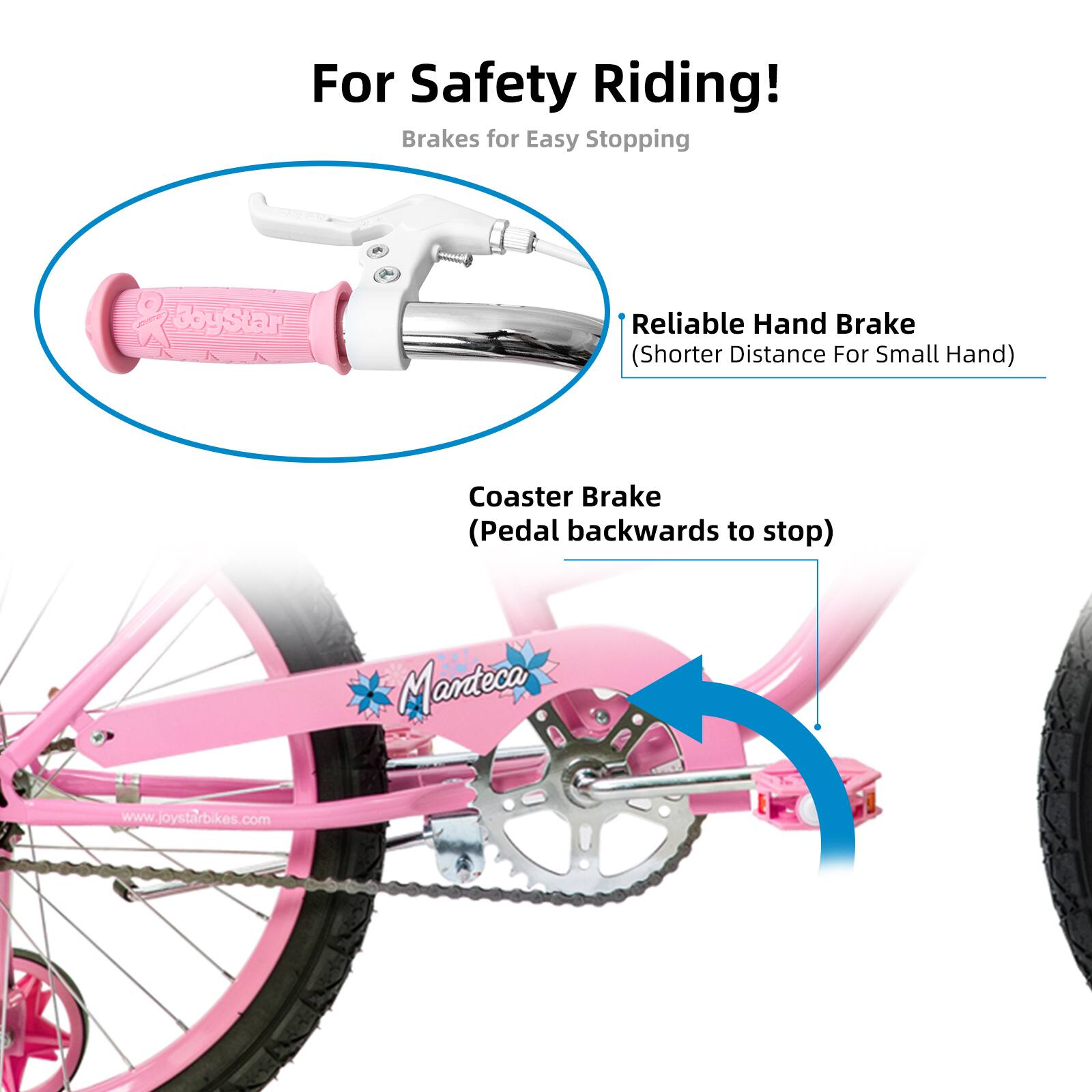 For Safety Riding!  
Brakes for Easy Stopping  

- Reliable Hand Brake (Shorter Distance For Small Hand)  
- Coaster Brake (Pedal backwards to stop)  

Manteca  
www.joystarbikes.com