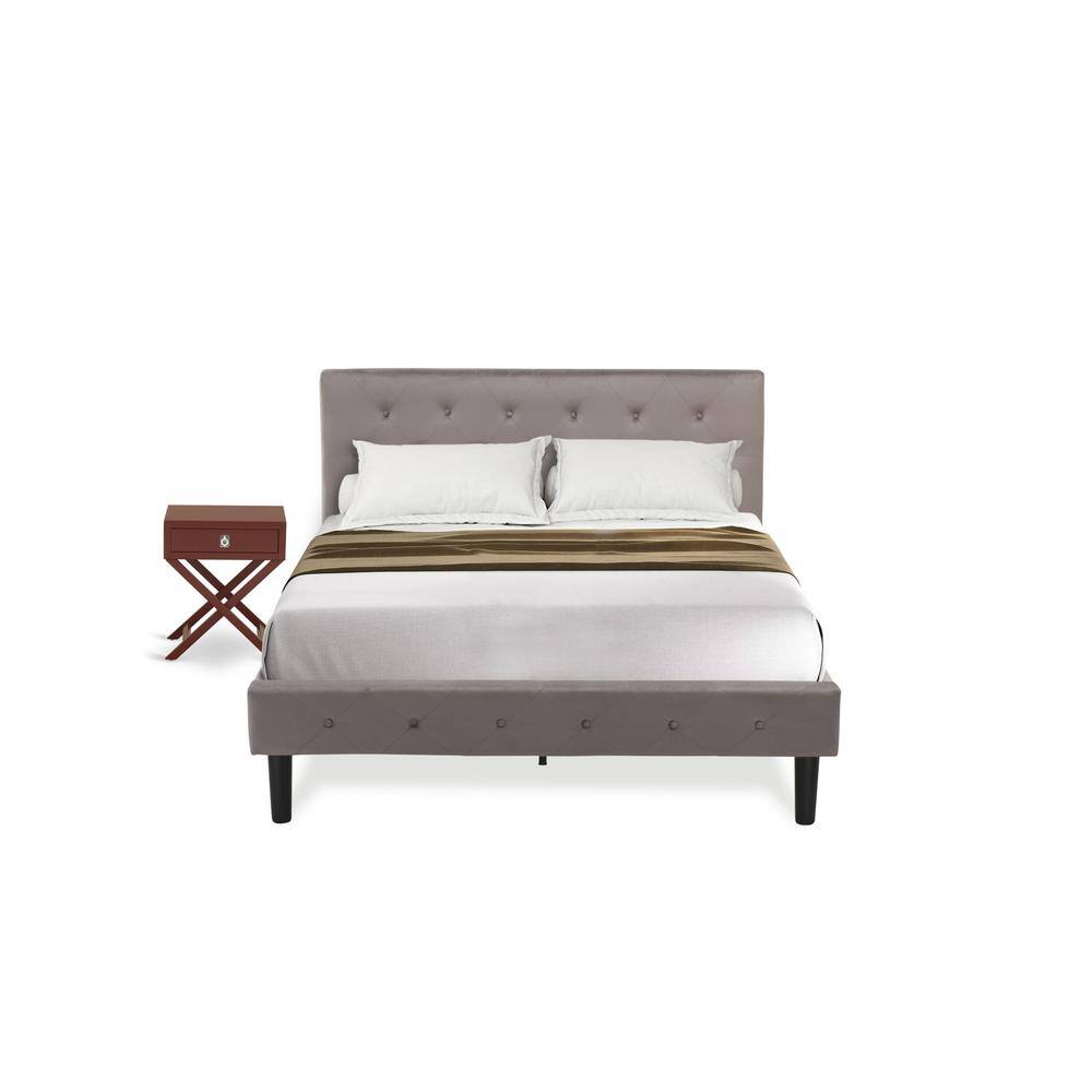 Alt View 4. East West Furniture - NL14F-1HA13 2 Piece Full Bed Set - 1 Bed Brown Taupe Velvet Fabric Headboard and 1 Bedroom Nightstand - Burgundy Finish - Taupe Brown.