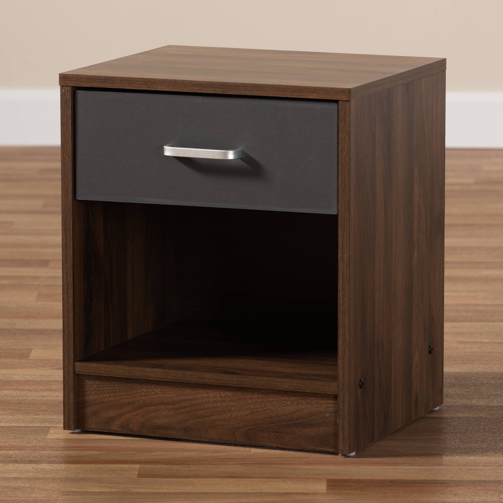 Alt View 4. Baxton Studio - Hansel Modern and Contemporary 1-Drawer Dark Brown and Dark Finished Nightstand - Walnut Brown/Dark Grey.