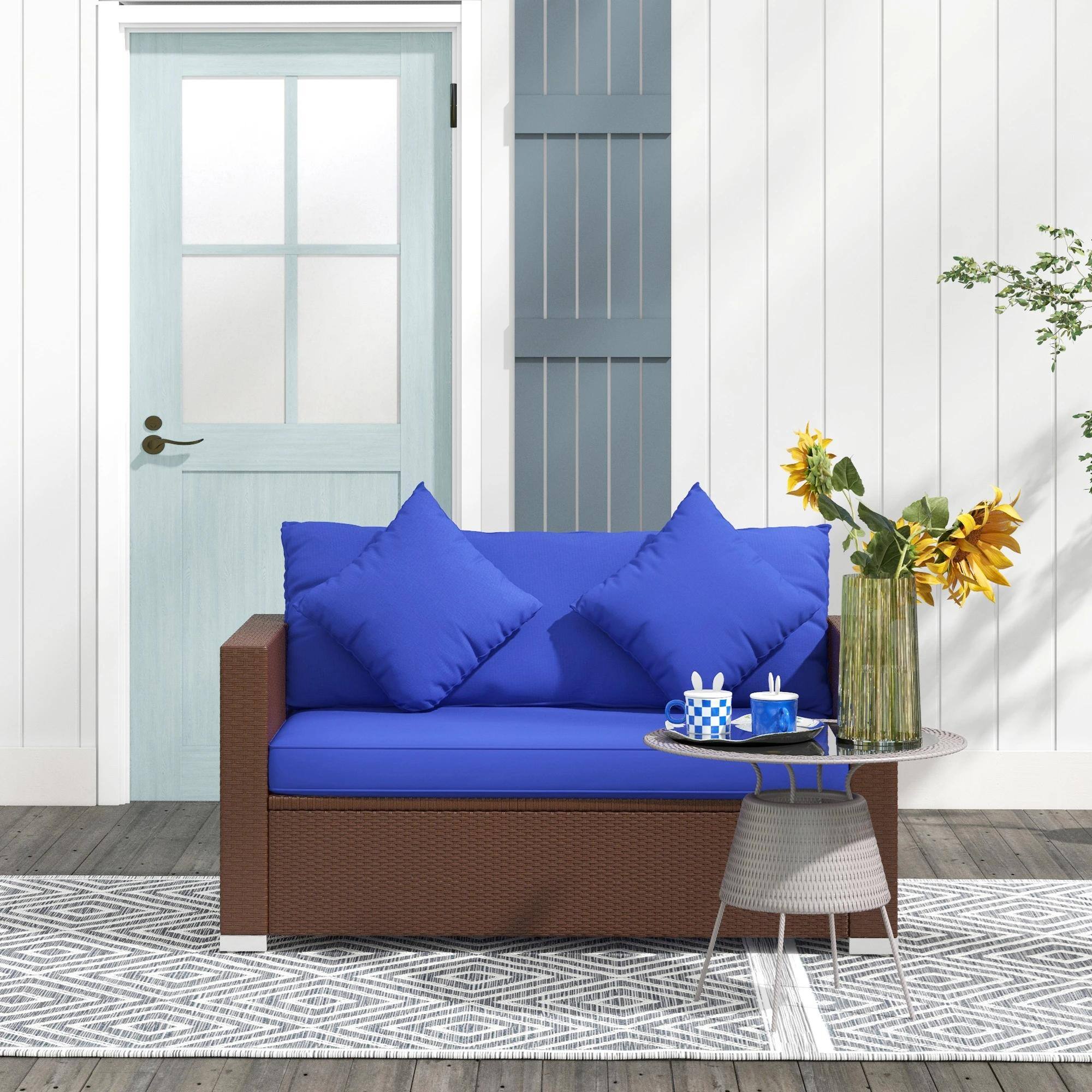 Alt View 4. Spaco - Spaco PE Rattan Outdoor Loveseat with Cushions and 2 Throw Pillows - Blue.