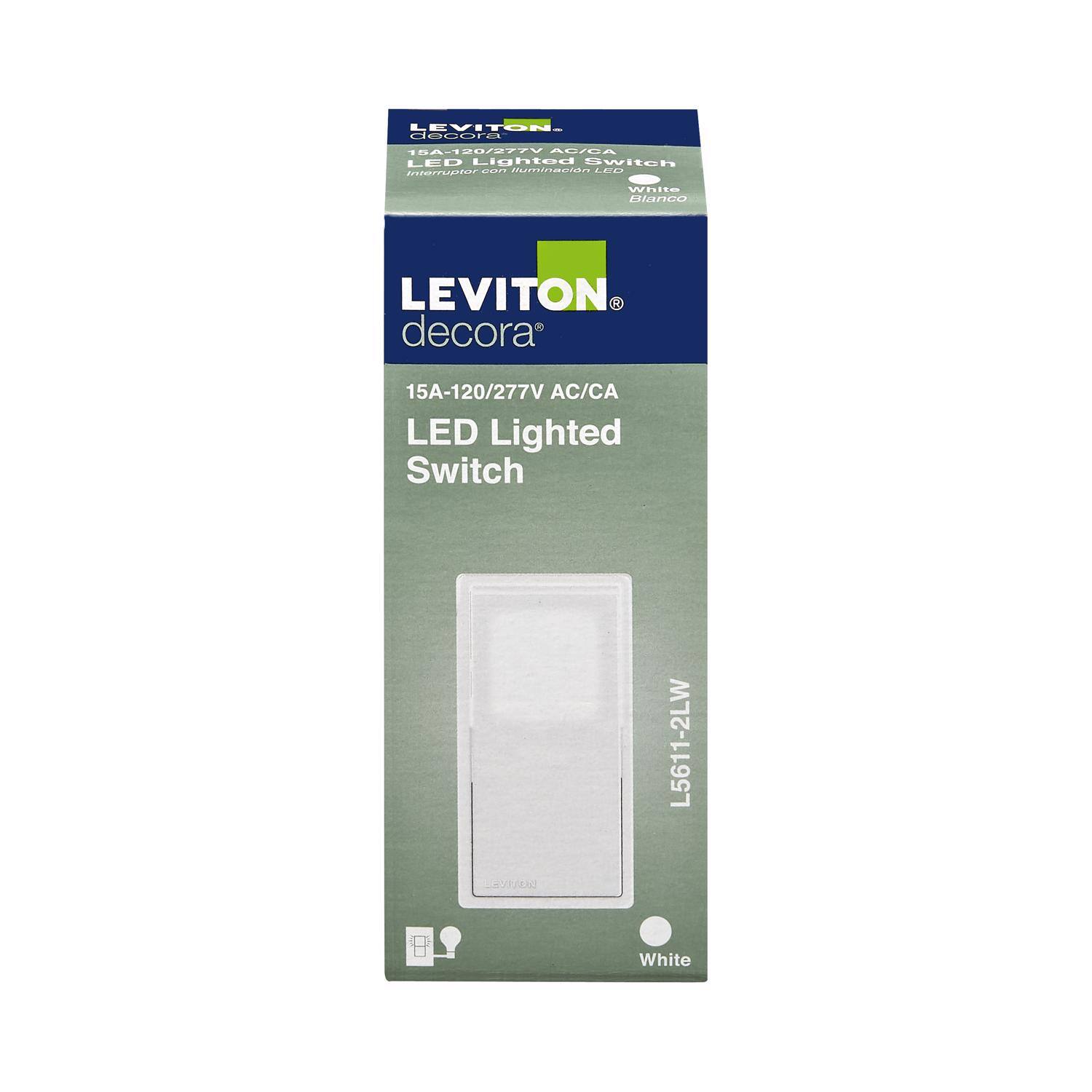 LEVITON  
decora®  
15A-120/277V AC/CA  
LED Lighted Switch  
L5611-2LW  
White  

LEMITON reuura 154-1 18A-190/97/VA0/0 0/2774 AU/EA LED Lighted Switch NEUEI ..... Huminacion LED White mianco LEVITON decora 15A-120/277V AC/CA LED Lighted Switch L5611-2LW E White