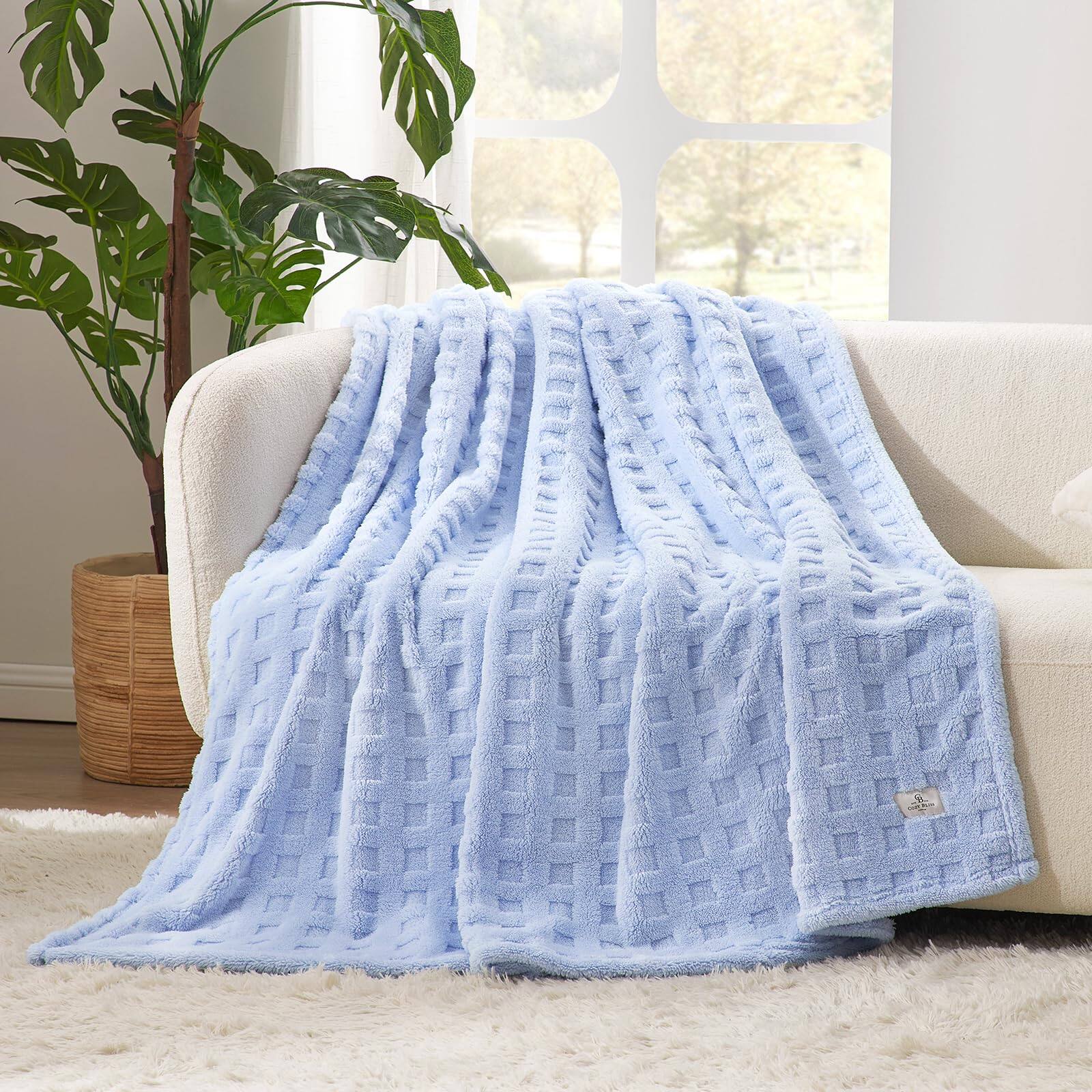 Front. Dapper Styles - Soft Queen Blanket Lightweight Blankets Gift For Women Cute Checkered Throws Bed Couch And Sofa 90x90 Inches - Light Blue-Queen90x90".