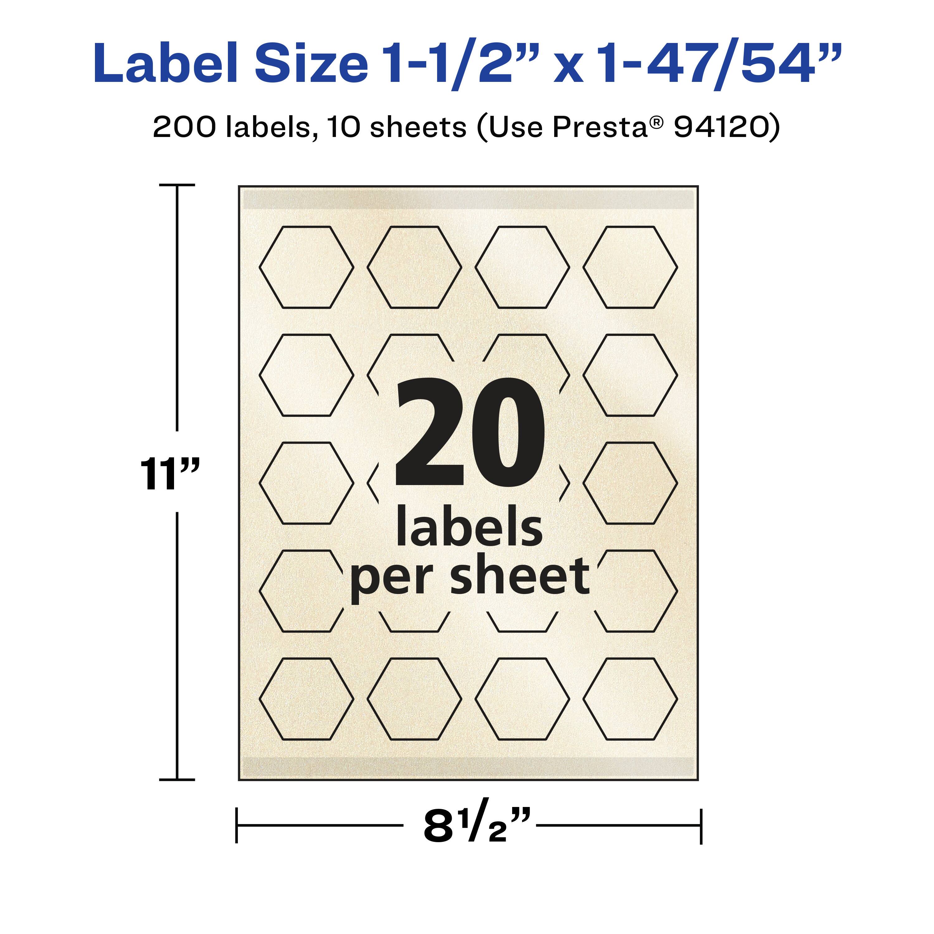 Label Size 1-1/2" x 1-47/54"  
200 labels, 10 sheets (Use Presta® 94120)  
11" x 8-1/2"  
20 labels per sheet