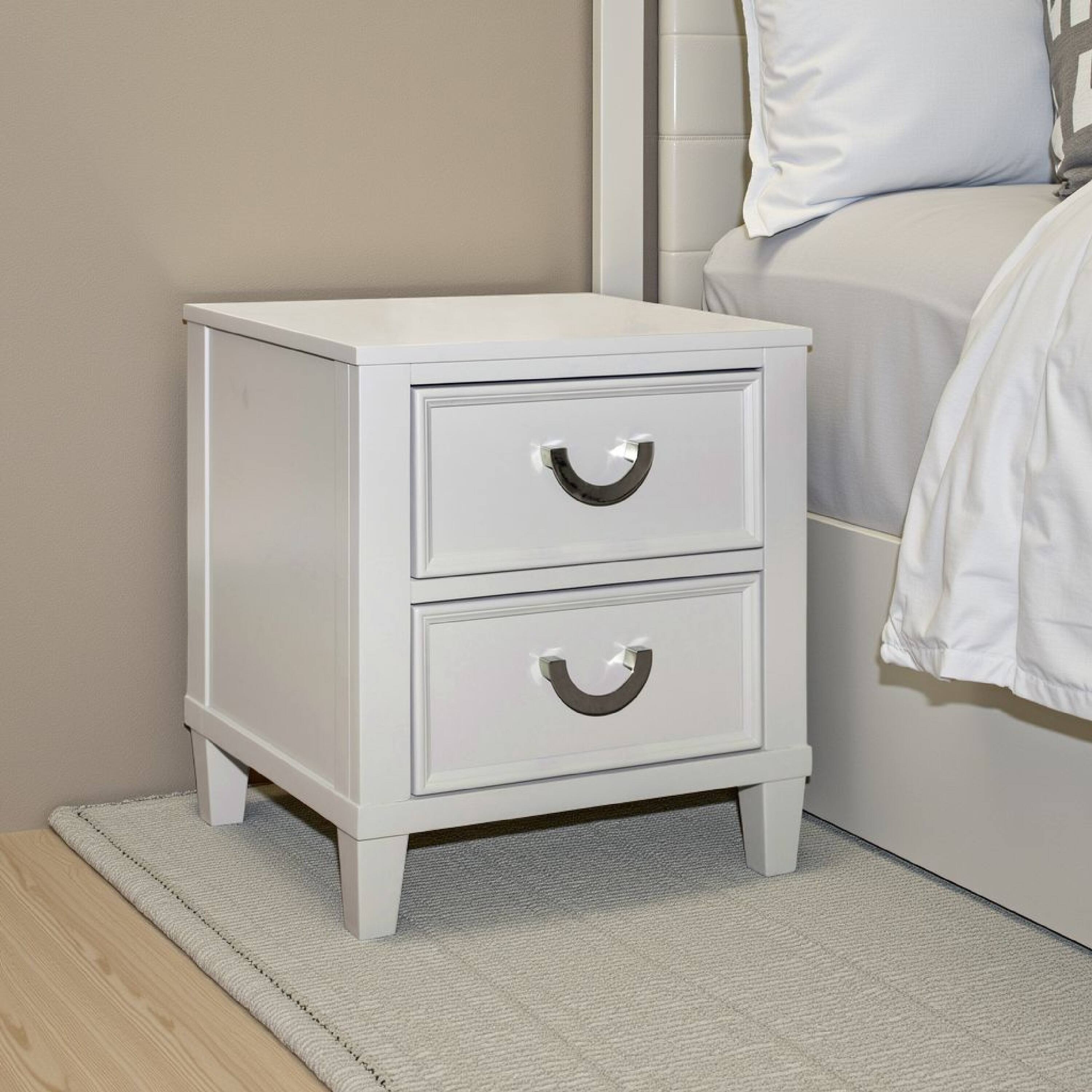 Alt View 5. Manhattan Lane - Roly Nightstand with 2 Drawers, Molded Details,Solid Wood - Light Gray, Chrome.