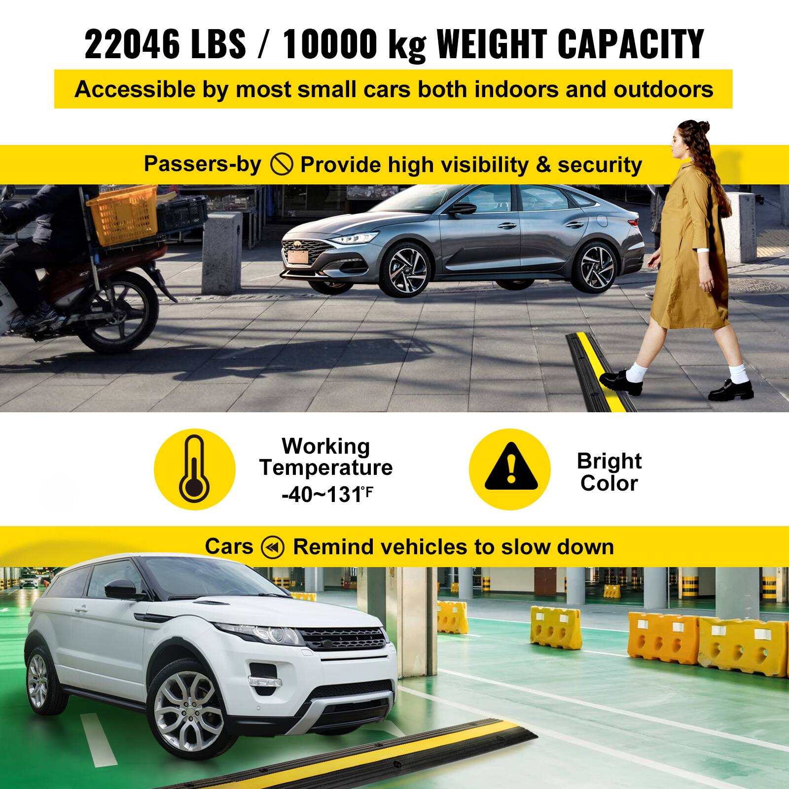 22046 LBS / 10000 kg WEIGHT CAPACITY
Accessible by most small cars both indoors and outdoors
Passers-by Provide high visibility & security
Working Temperature -40~131F
Bright Color
Cars Remind vehicles to slow down