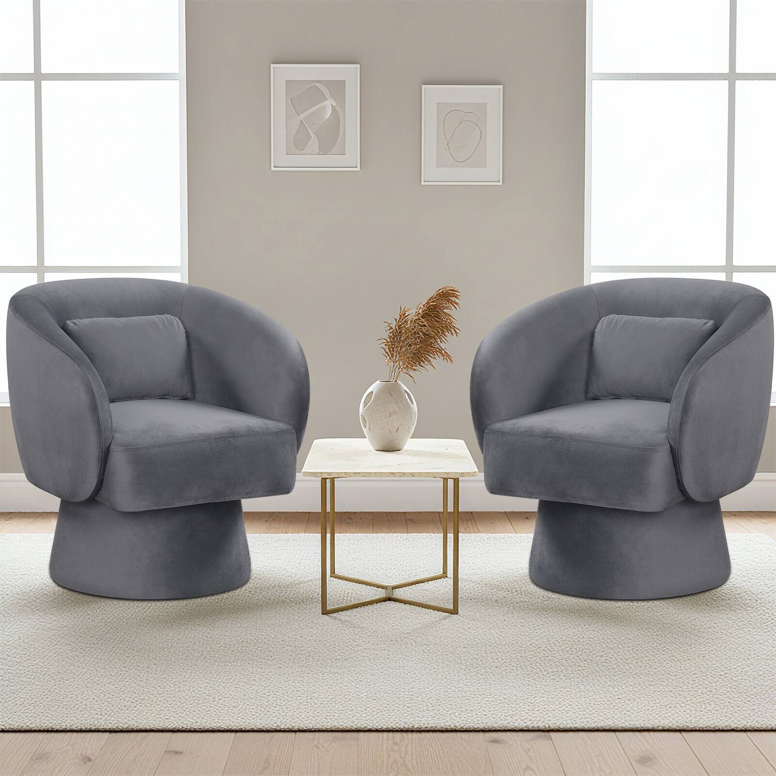 Alt View 3. Gymax - Gymax 2PCS Swivel Accent Chair w/ Back Removable Lumbar Pillow 360 Degree Rotating Function Gray - Gray.