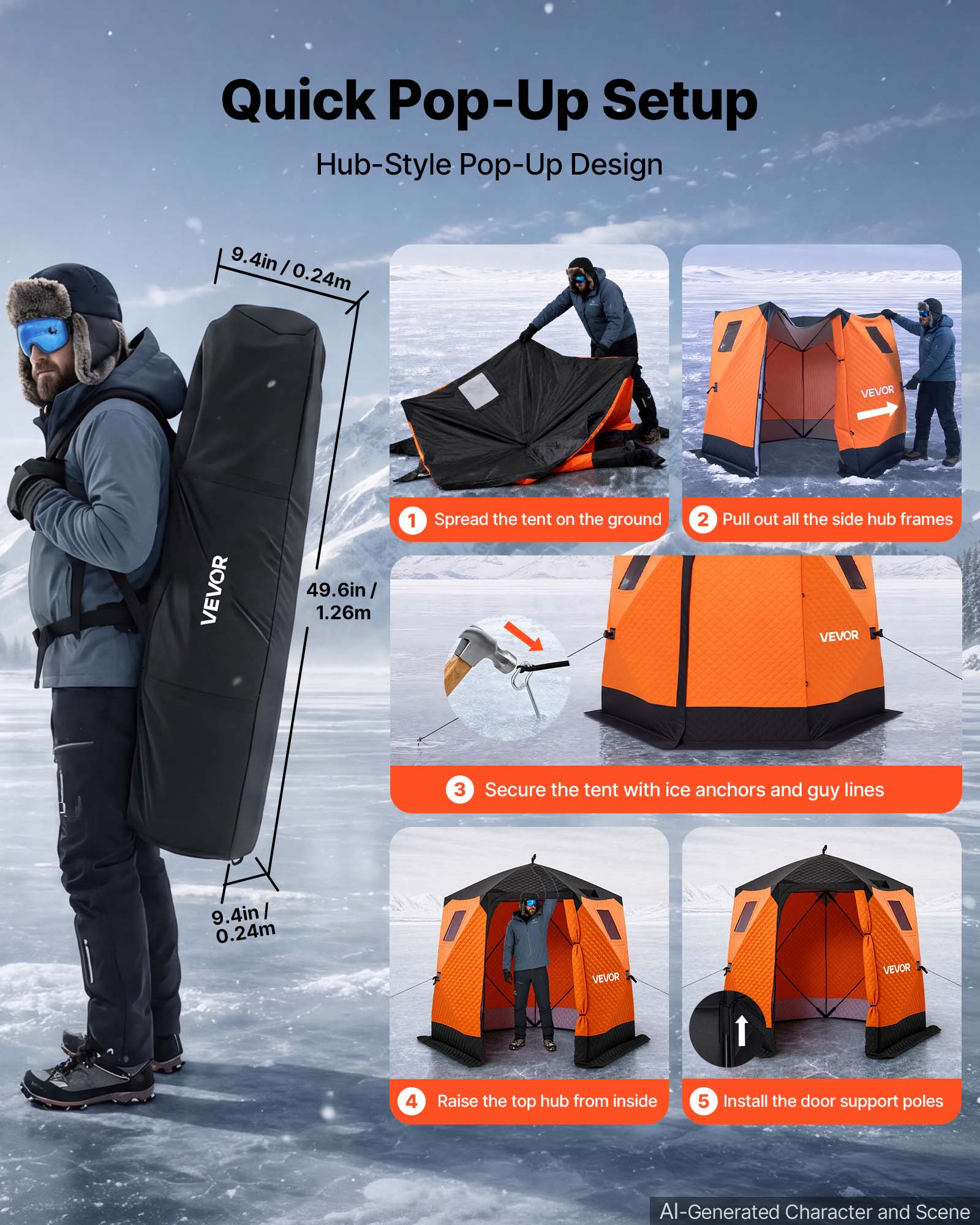 Quick Pop-Up Setup  
Hub-Style Pop-Up Design

9.4in | 0.24m  
49.6in | 1.26m

1. Spread the tent on the ground  
2. Pull out all the side hub frames  
3. Secure the tent with ice anchors and guy lines  
4. Raise the top hub from inside  
5. Install the door support poles  

AI-Generated Character and Scene