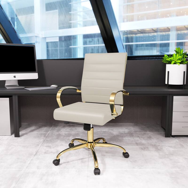 Angle. LeisureMod - (Set of 2) Benmar Leather Office Chair with Gold Accents, Adjustable Height, Swivel Ergonomic Design for Home Office - Tan.