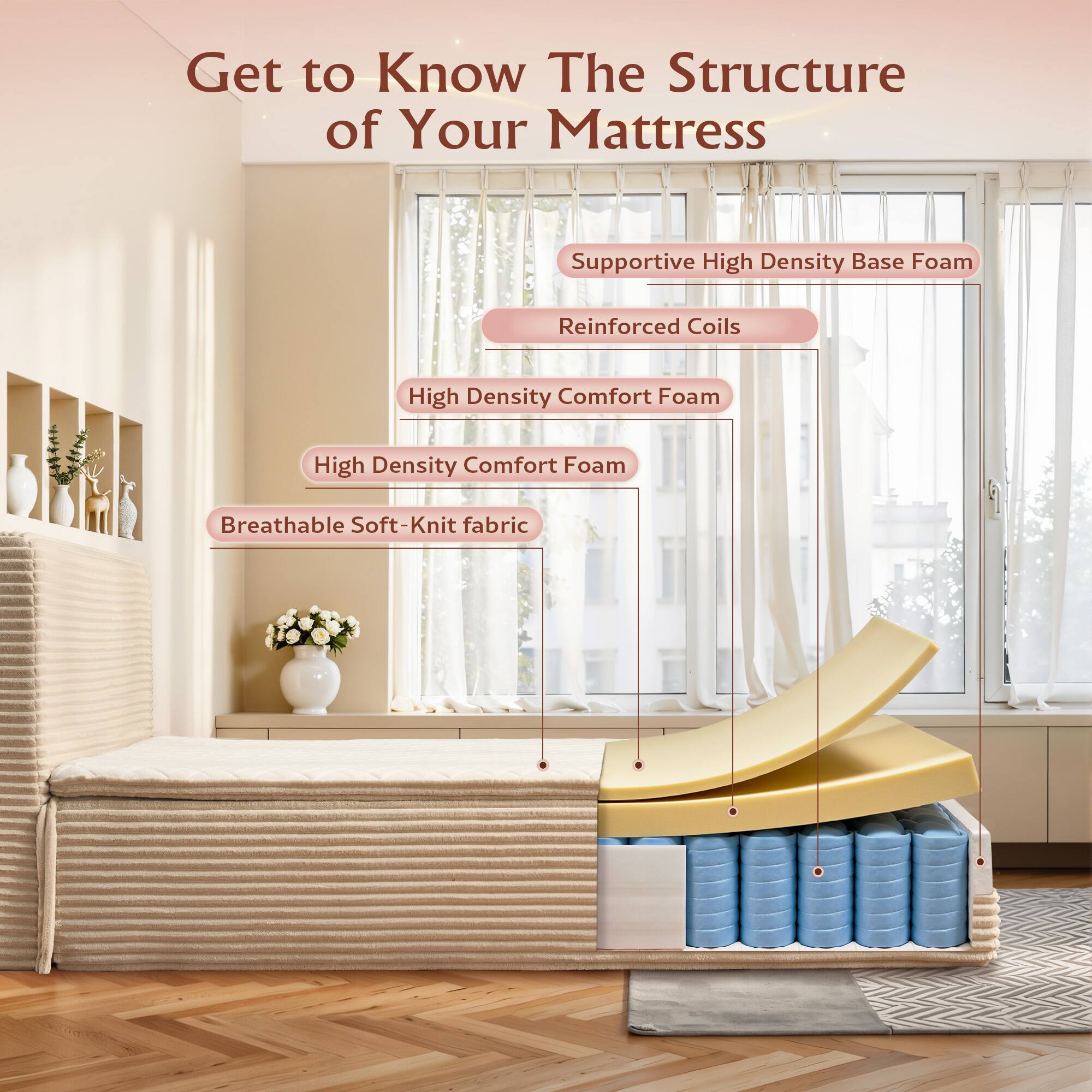 Get to Know the Structure of Your Mattress

- Supportive High Density Base Foam
- Reinforced Coils
- High Density Comfort Foam
- High Density Comfort Foam
- Breathable Soft-Knit Fabric