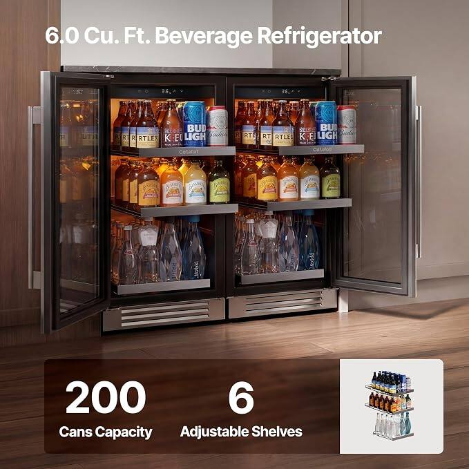 6.0 Cu. Ft. Beverage Refrigerator

36, 36, UTR

BUD R RTLE  EQ LIGH Coloton

R RTE

BOOLS BUD RT RTLES  E IGH Cololors

DIBOA

200 6 Cans Capacity Adjustable Shelves
