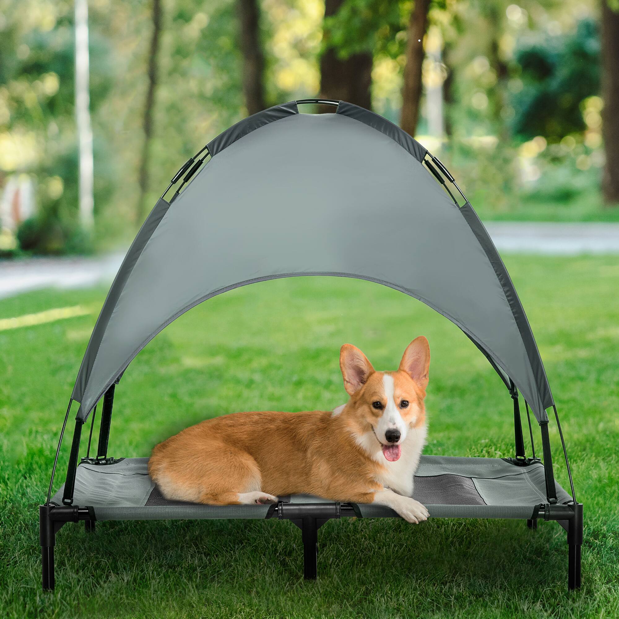 Angle. Pawhut - Elevated Dog Bed with Canopy, Outdoor Cot with UV Protection Canopy Shade, 36 inch Large Pet Bed for Camping - Grey.
