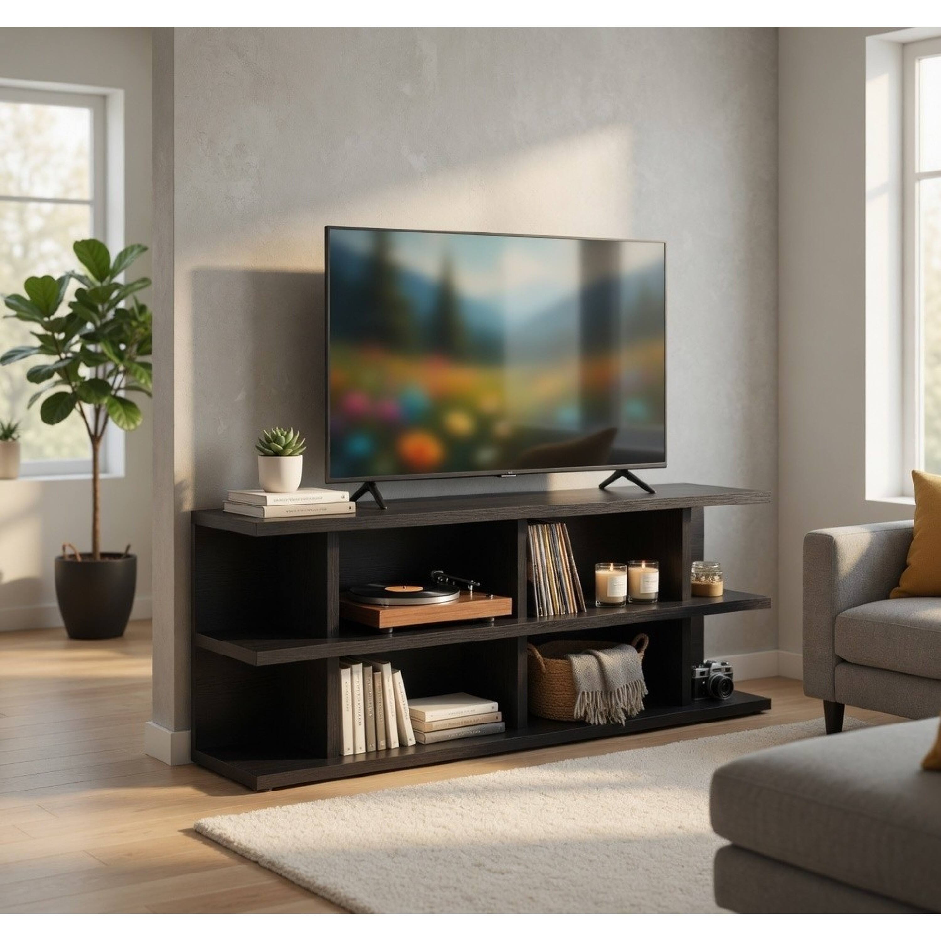 Alt View 7. Manhattan Lane - Carie TV Stand Media Console, 2-Tier Open Shelves, Black Wood 78 Inch - Black.