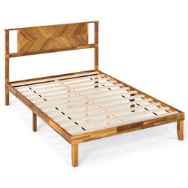 Costway - Full Size Bed Frame with Headboard Under-Bed Space No Box Spring Needed - Natural