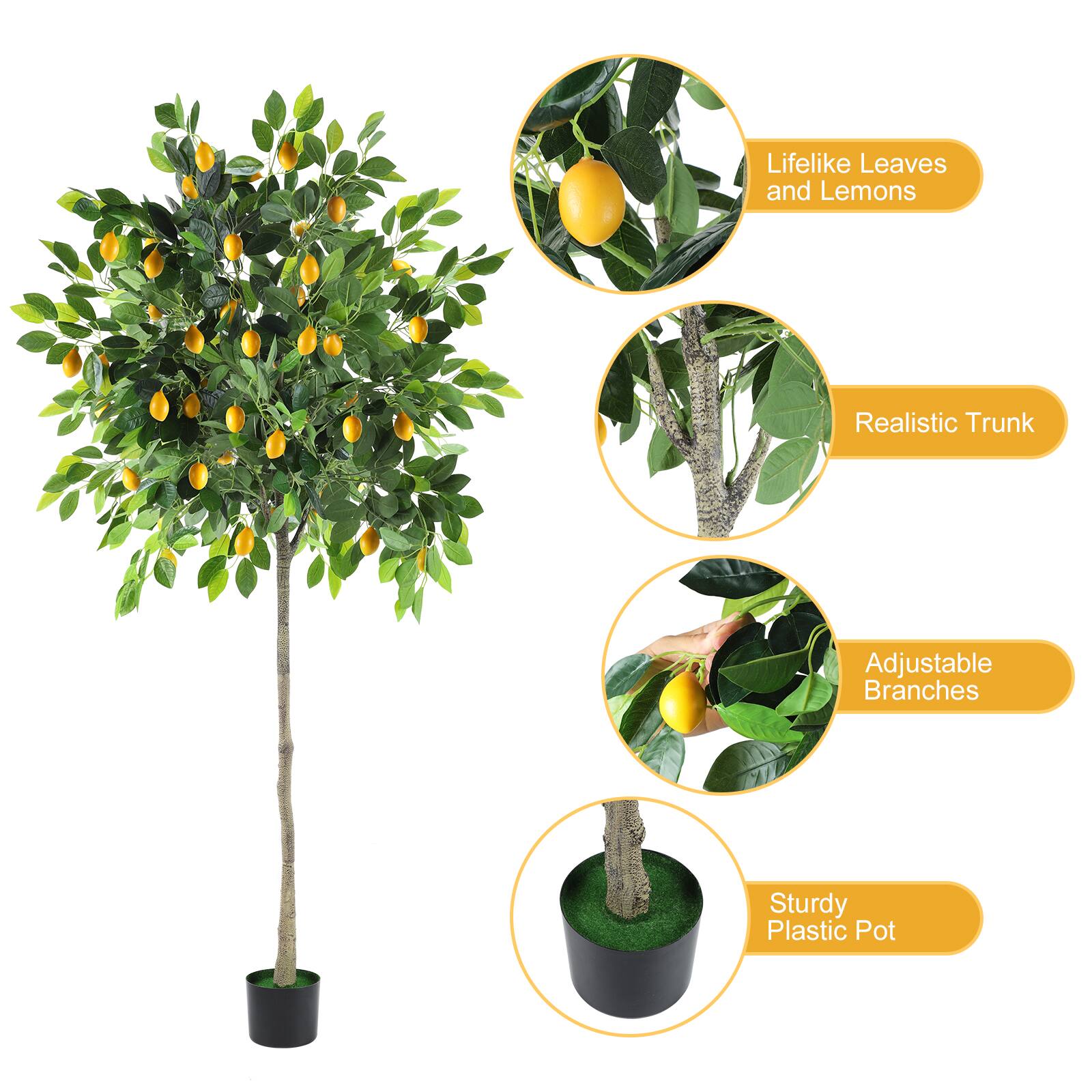Lifelike Leaves and Lemons  
Realistic Trunk  
Adjustable Branches  
Sturdy Plastic Pot