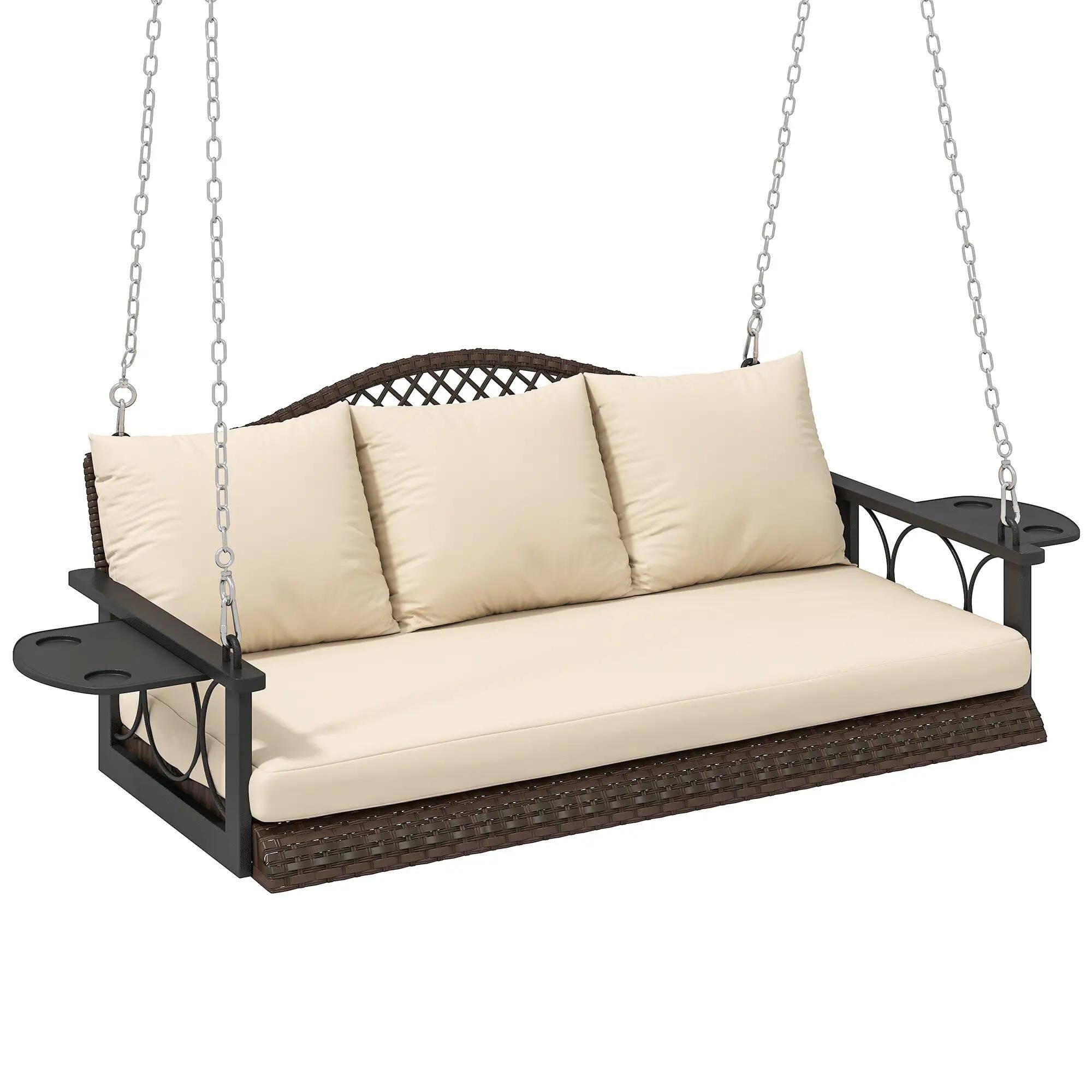 Angle. Resenkos - Resenkos 3-Person Wicker Swing Bench, Outdoor Patio, Porch Seating, With Cushions & Chains, Brown.