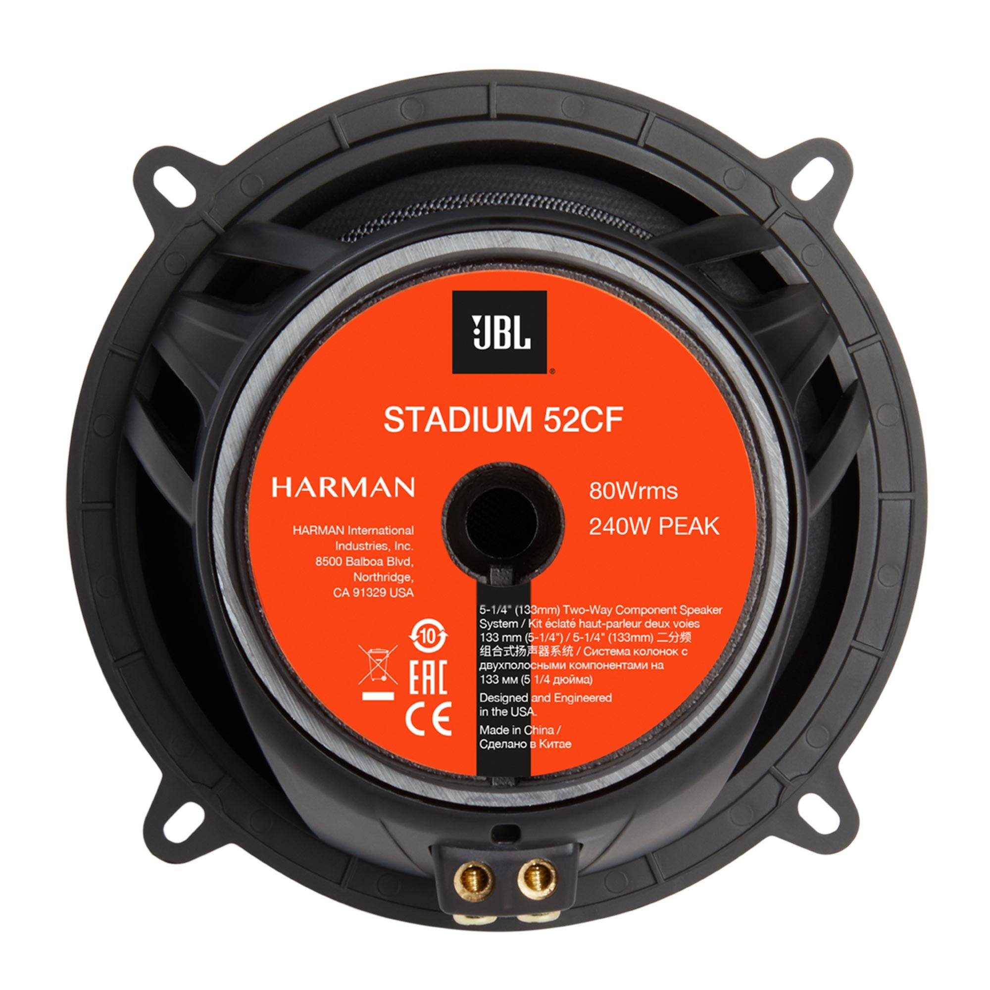 JBL STADIUM 52CF  
HARMAN 80Wrms  
HARMAN International Industries, Inc.  
8500 Balboa Blvd.  
Northridge, CA 91329 USA  

5-1/4" (133mm) Two-Way Component Speaker System / Kit  
clate haut-parleur deux voies 10 133 mm F 5-1/4" (133mm)  

Designed and Engineered in the USA  
Made in China  

EAC  
CE