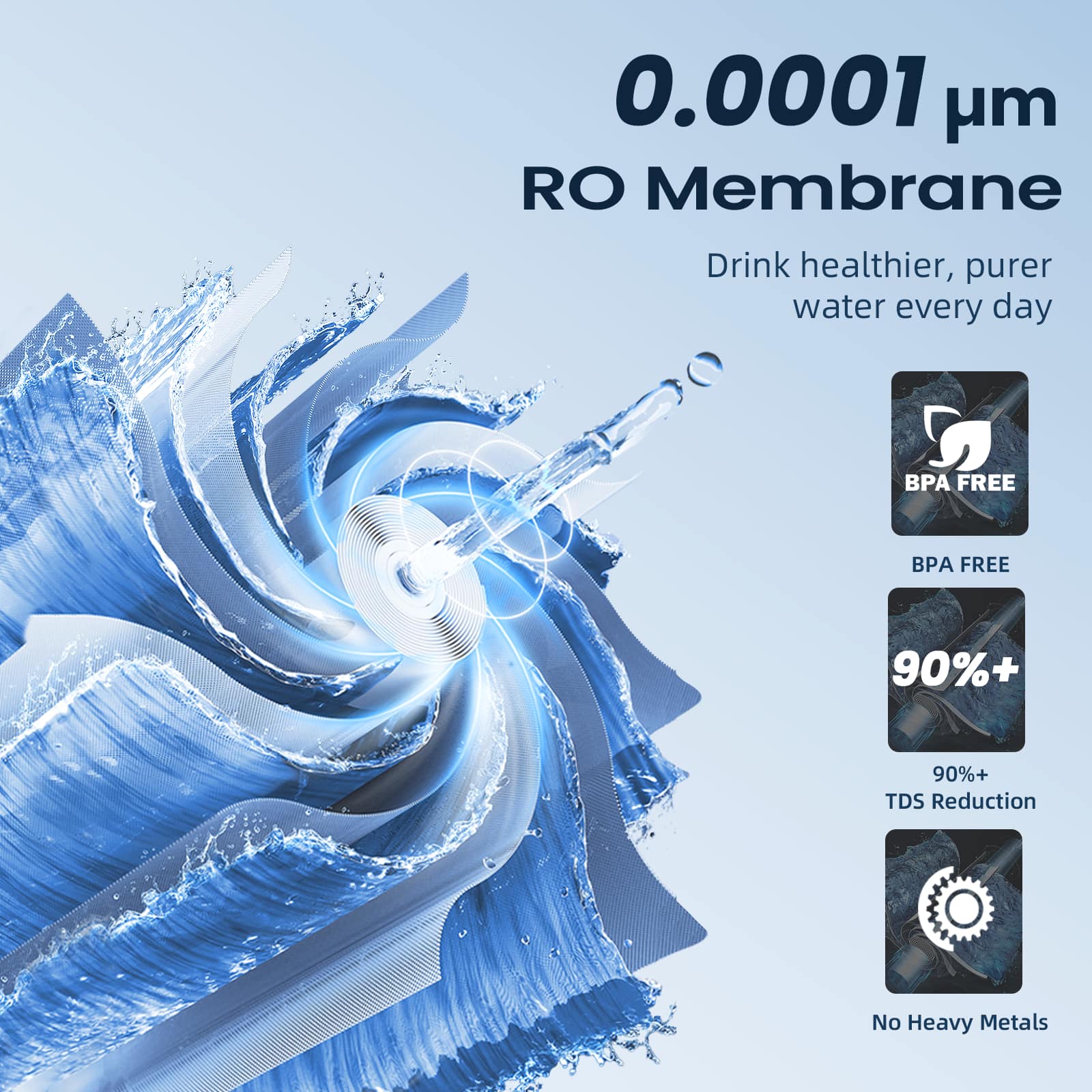 0.0001 µm RO Membrane  
Drink healthier, purer water every day  
BPA FREE  
90%+ TDS Reduction  
No Heavy Metals