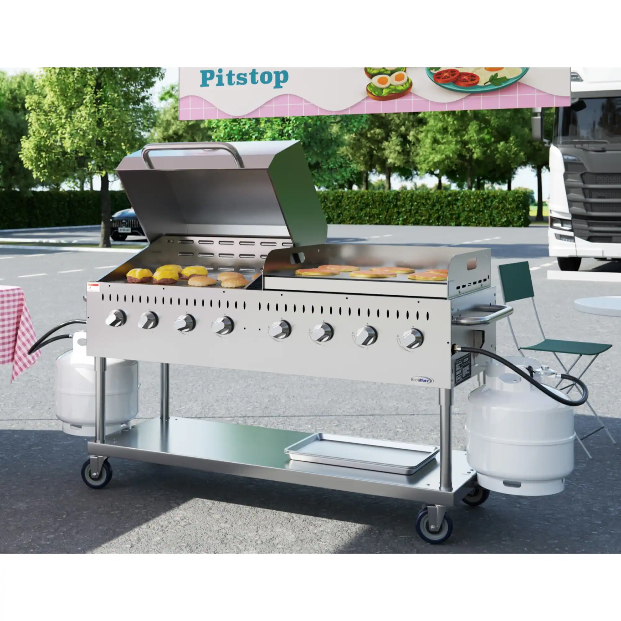 Alt View 1. Koolmore - 60 in. 8-Burner Commercial Outdoor Propane Gas Grill with 30 in. Roll Dome Cover and 30 in. Griddle in Stainless-Steel - Stainless Steel.