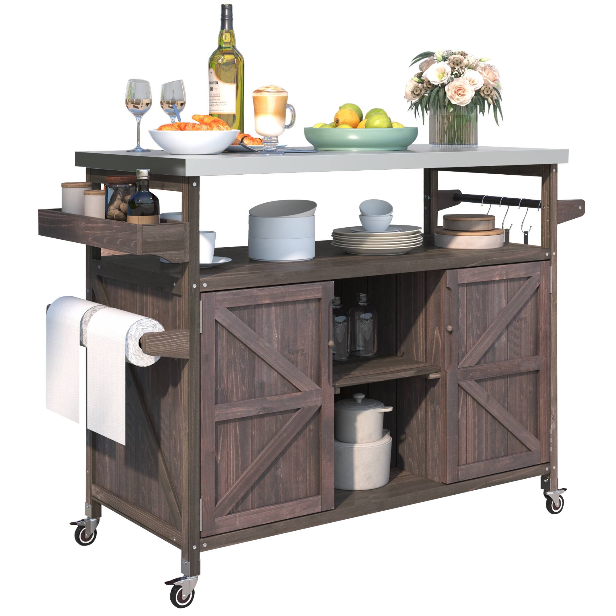 Front. Spaco - Spaco Outdoor Kitchen Grill Island Cart, Teak Stainless Top, Spice Towel Rack, Locking Wheels Rolling Storage for BBQ - Dark Brown.