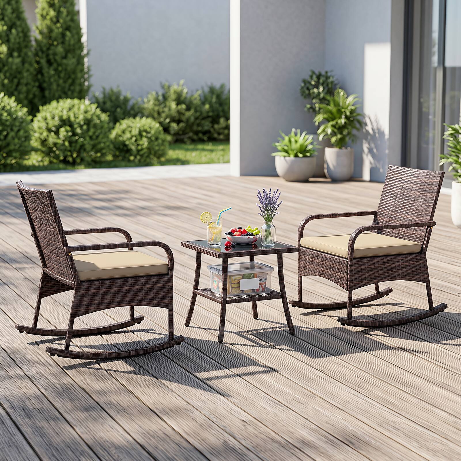 Alt View 3. Costway - Costway 3PCS PE Wicker Rocking Bistro Set with 2-Tier Side Table, Cushions & Armchairs - Mix Brown+Beige.