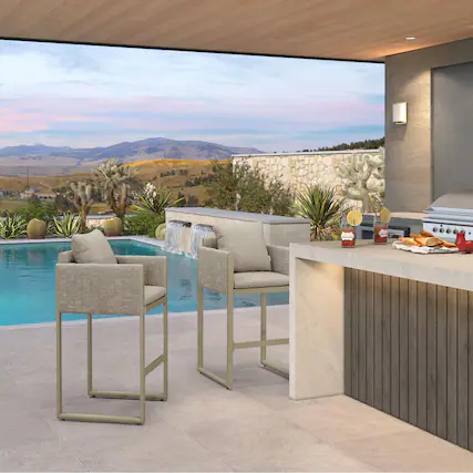 Front. PURPLE LEAF - Outdoor Bar Height Stool Set of 2 Aluminum Modern Olefin Barstools with Backrest Pillow for Garden Balcony Lawn - Champagne & Oval Base.