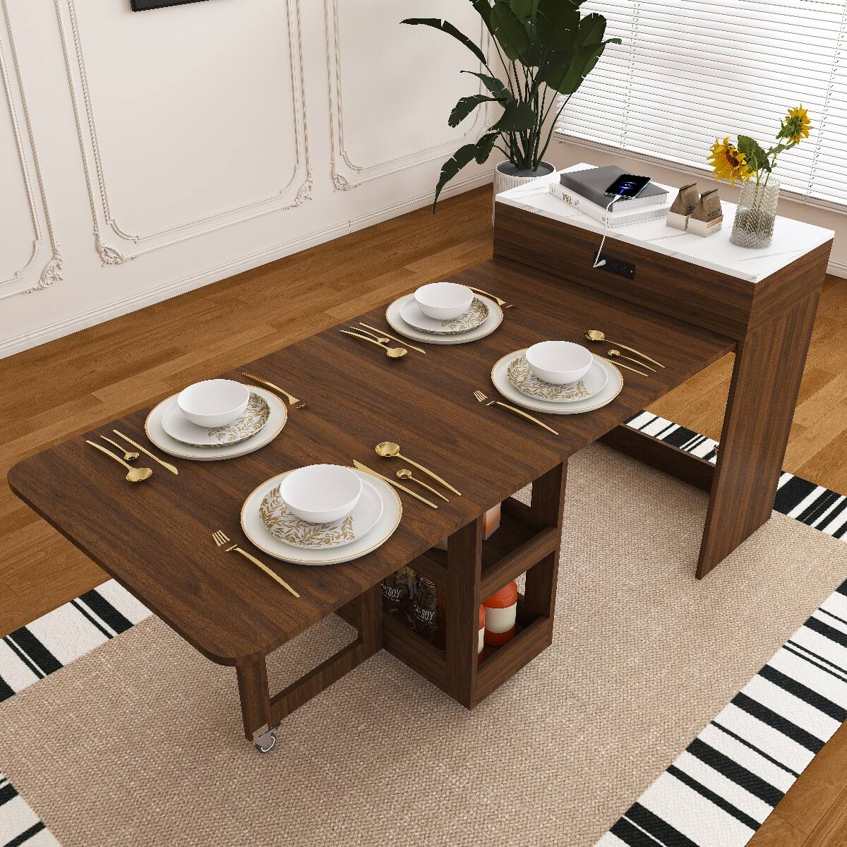 Alt View 9. Loheer - Loheer 74 inch Expandable Dining Table with Power Socket, Walnut Imitation Marble Surface - Natural Walnut.