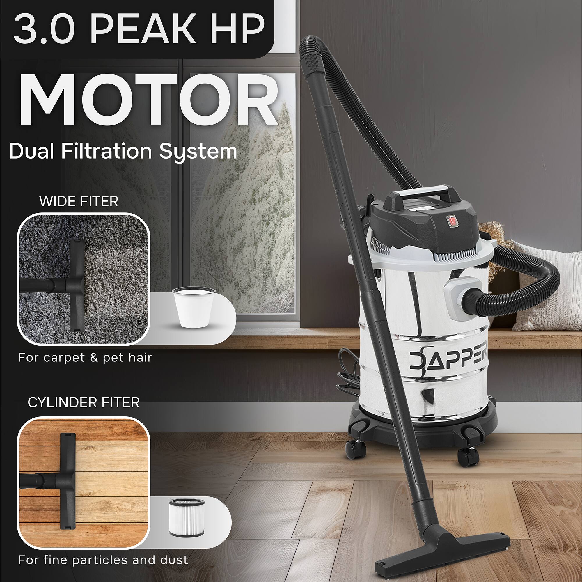 3.0 PEAK HP MOTOR  
Dual Filtration System  

WIDE FITER  
For carpet & pet hair  

CYLINDER FITER  
For fine particles and dust