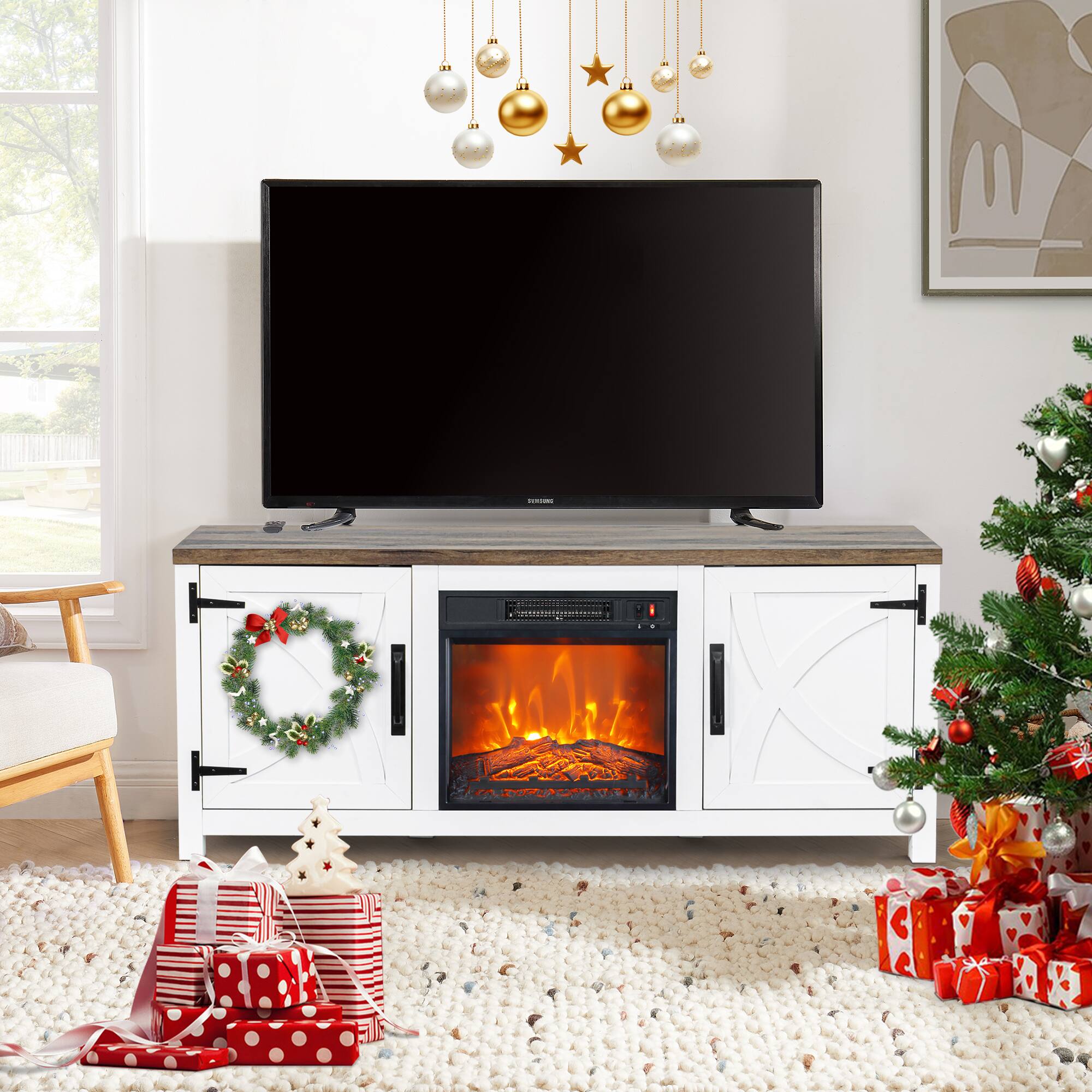 Front. Ihomeadore - 58" Farmhouse TV Stand for TV up to 65" with Electric Fireplace - White.