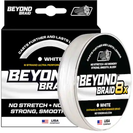 BEYOND BRAID
- CASTS FURTHER AND LASTS LONGER
- WHITE
- 8 STRAND ULTRA PERFORMANCE BRAID
- NO STRETCH • NO MEMORY
- STRONG, SMOOTH, SLEEK
- BEYONDBRAID.COM
- USA COMPANY