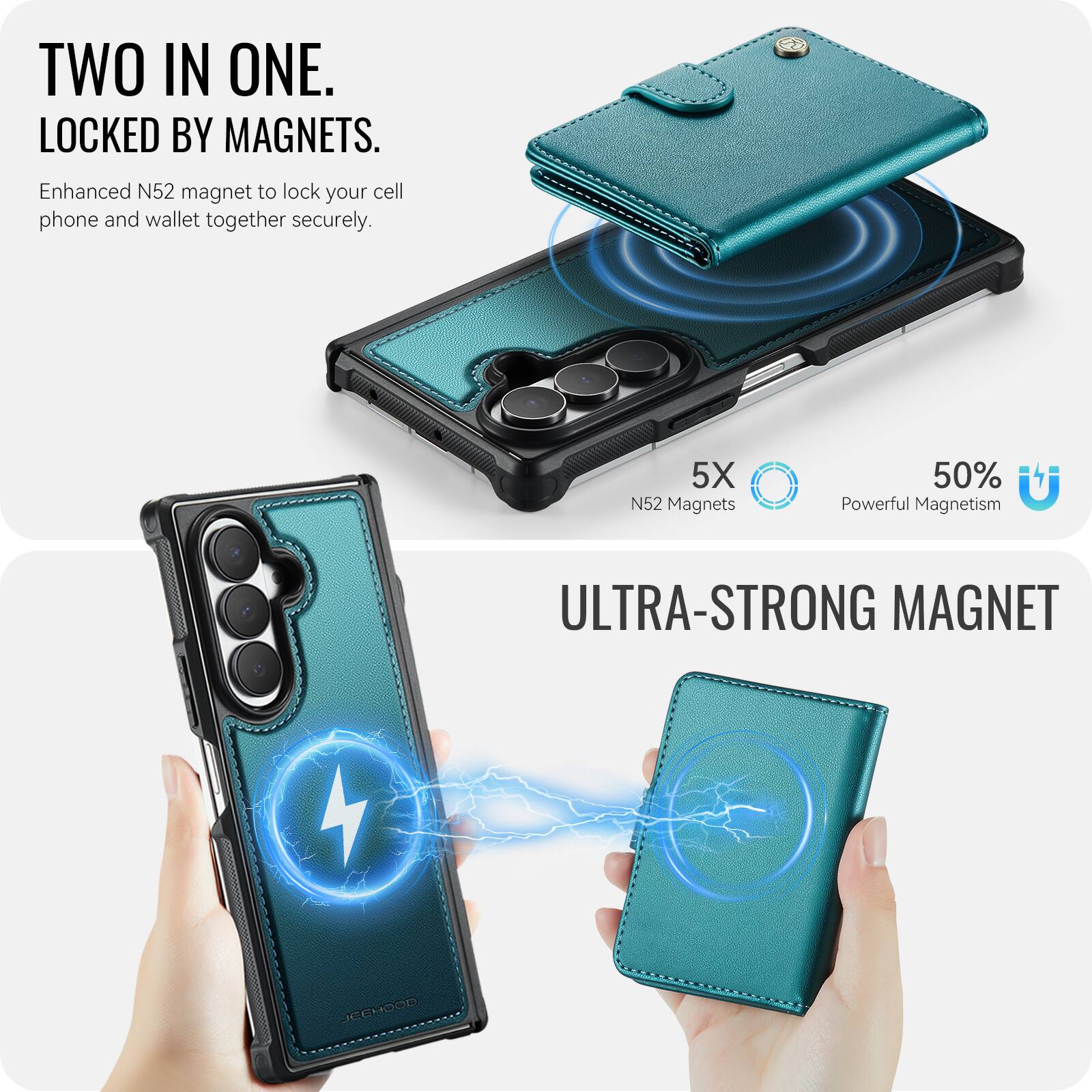 TWO IN ONE.  
LOCKED BY MAGNETS.  
Enhanced N52 magnet to lock your cell phone and wallet together securely.  

5X N52 Magnets  
50% Powerful Magnetism  
ULTRA-STRONG MAGNET