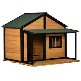 Pawhut - Outdoor Dog House Cabin Style, Wooden Raised Pet Kennel with Asphalt Roof, Front Door, Side Window, Porch