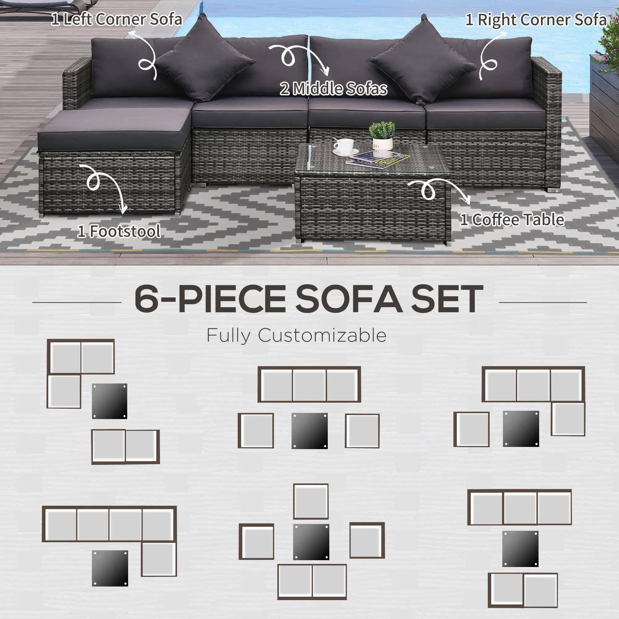 1 Left Corner Sofa, 1 Right Corner Sofa, 2 Middle Sofas, 1 Footstool, 1 Coffee Table, 6-PIECE SOFA SET, Fully Customizable