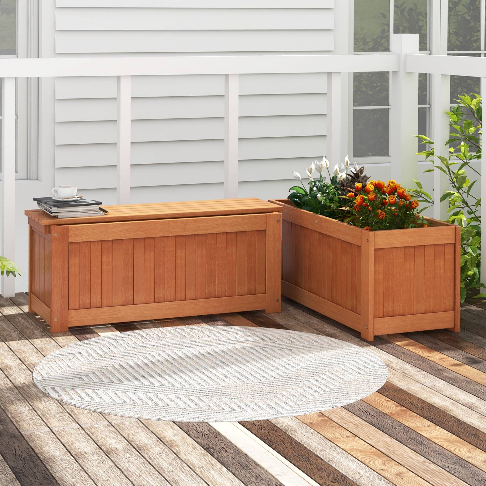 Alt View 7. Costway - Costway Wood Planter Box Set with Bench, Hardwood Planter Box, Teak Oil Finish for Garden - Natural.