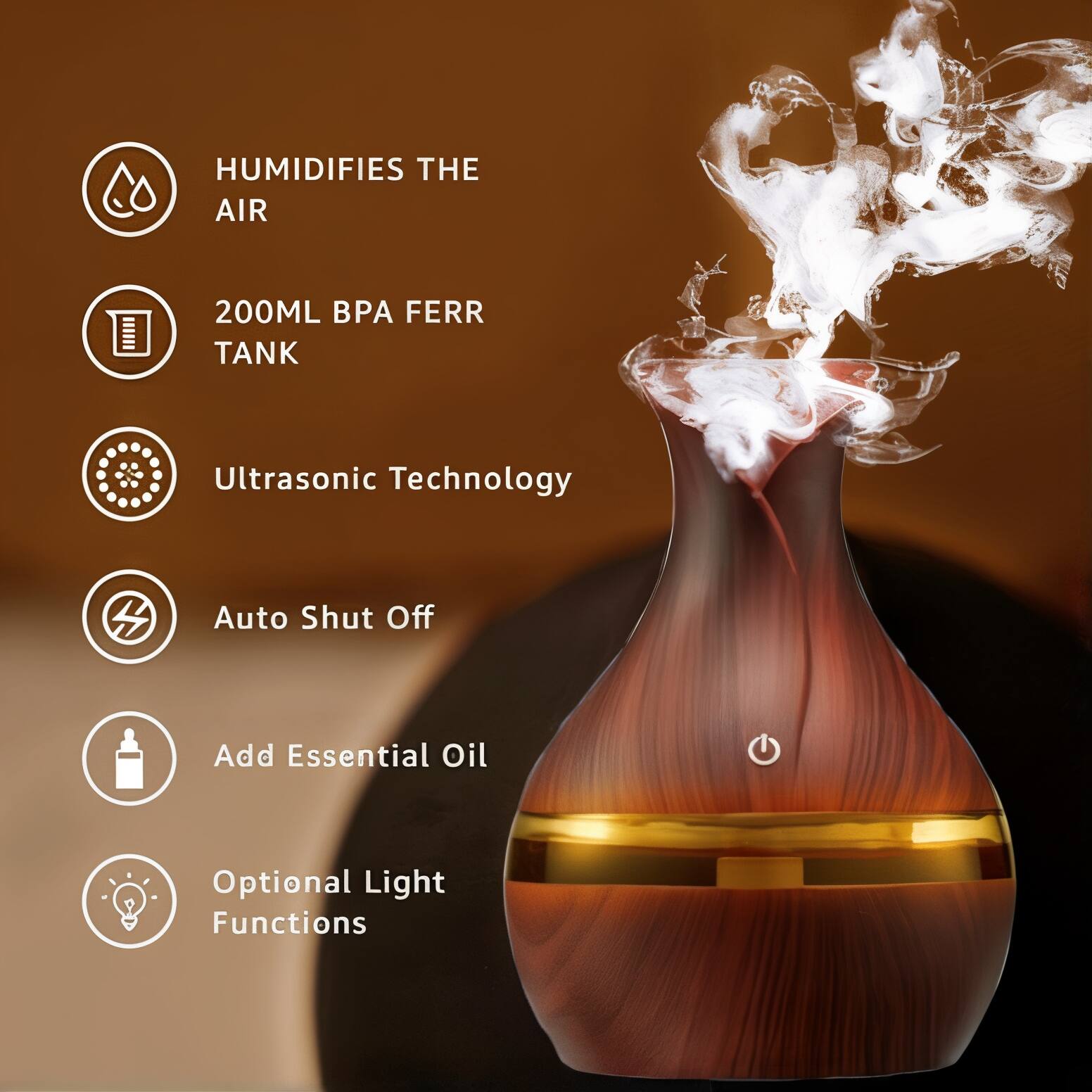 HUMIDIFIES THE AIR, 200ML BPA FERR TANK, Ultrasonic Technology, Auto Shut Off, Add Essential Oil, Optional Light Functions