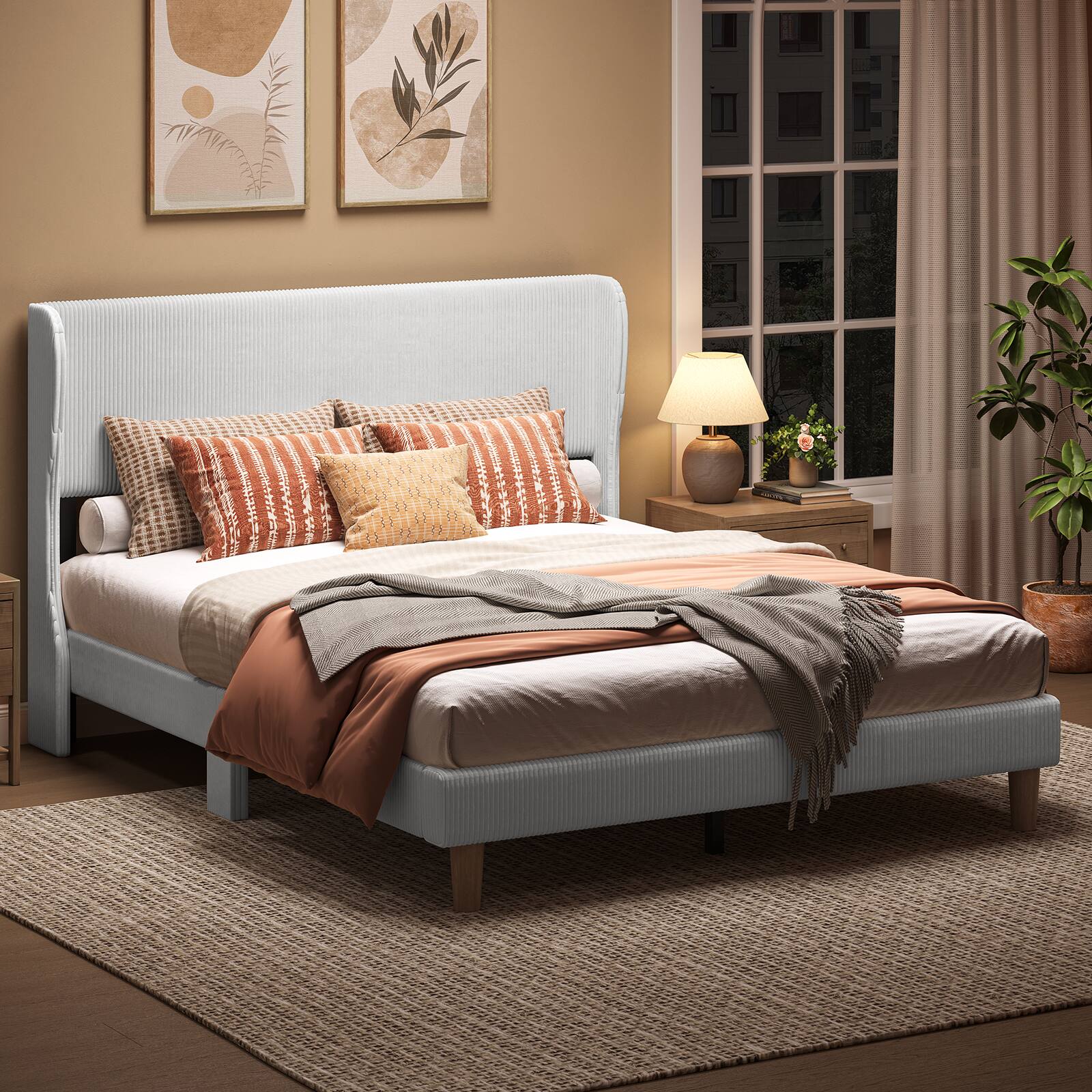 Back. Bestier - Wood Frame Corduroy Upholstered Platform Bed Frame with Wingback Headboard - Light Grey.
