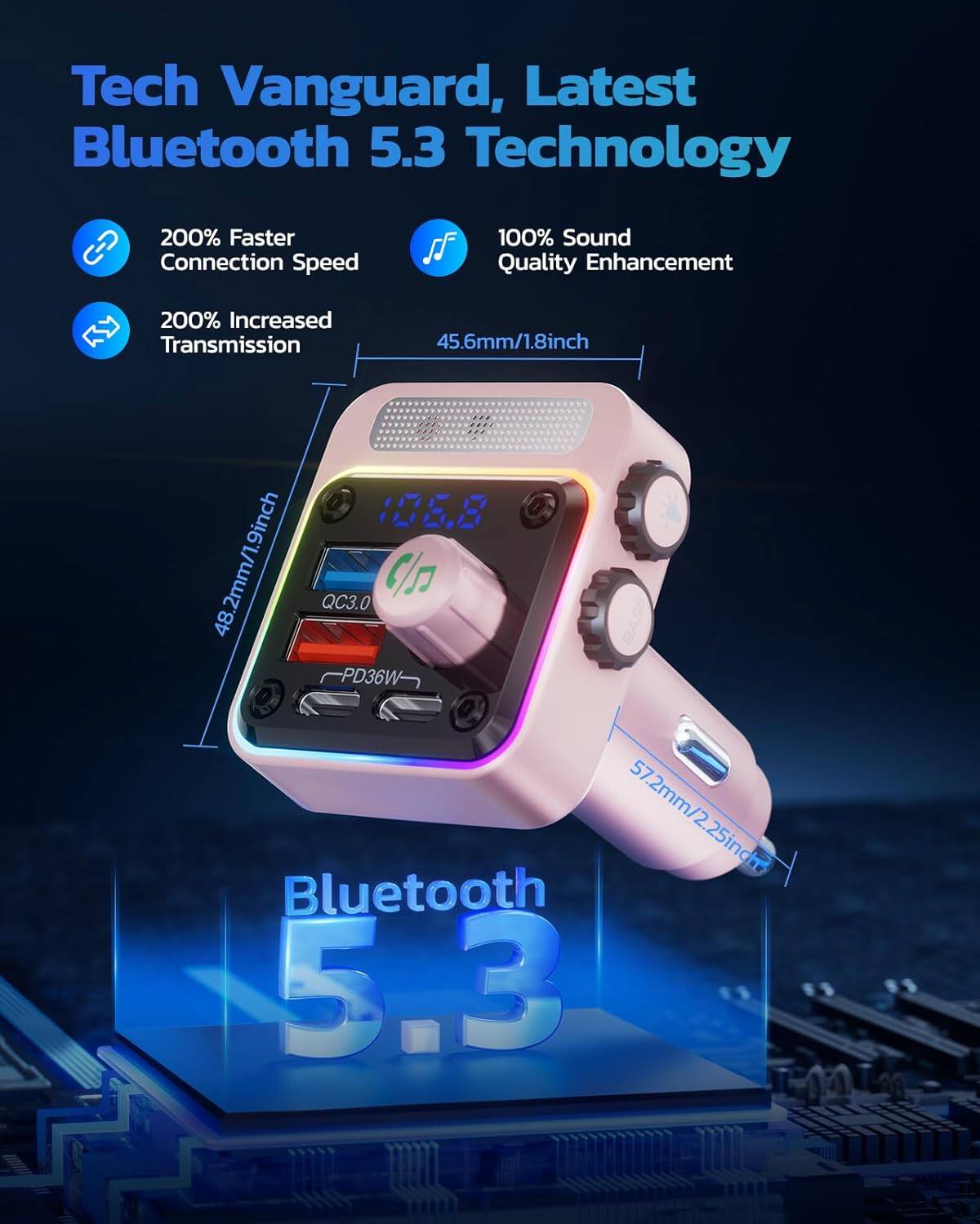 Tech Vanguard, Latest Bluetooth 5.3 Technology

- 200% Faster Connection Speed
- 100% Sound Quality Enhancement
- 200% Increased Transmission

Dimensions:
- 45.6mm/1.8inch
- 48.2mm/1.9inch
- 57.2mm/2.25inch

Specifications:
- QC3.0
- PD36W