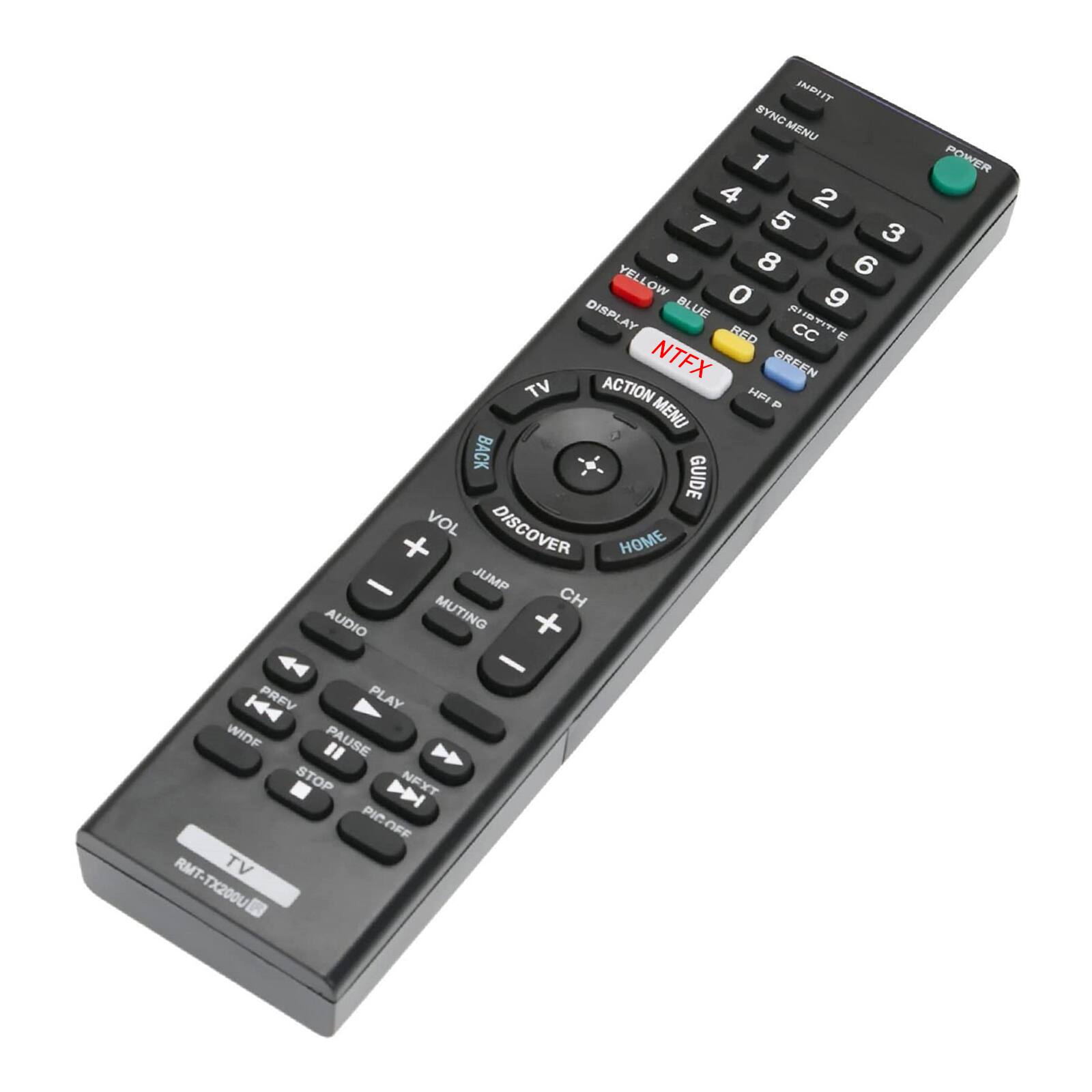 IMDIT SYNG MENU SYNC MENU 1 4 2 7 5 3 8 6 YELLOW DISPLAY BLUE UDWT BED CC E NTFX GREEN TV ACTION HFI P MENU BACK GUIDE VOL DISCOVER + HOME - JUMP CH AUDIO MUTING - K4 PREV PLAY WIDE PAUSE " STOP D NEXT PICOFE PIC OFF RMT TV RMT-TX200U POWER
