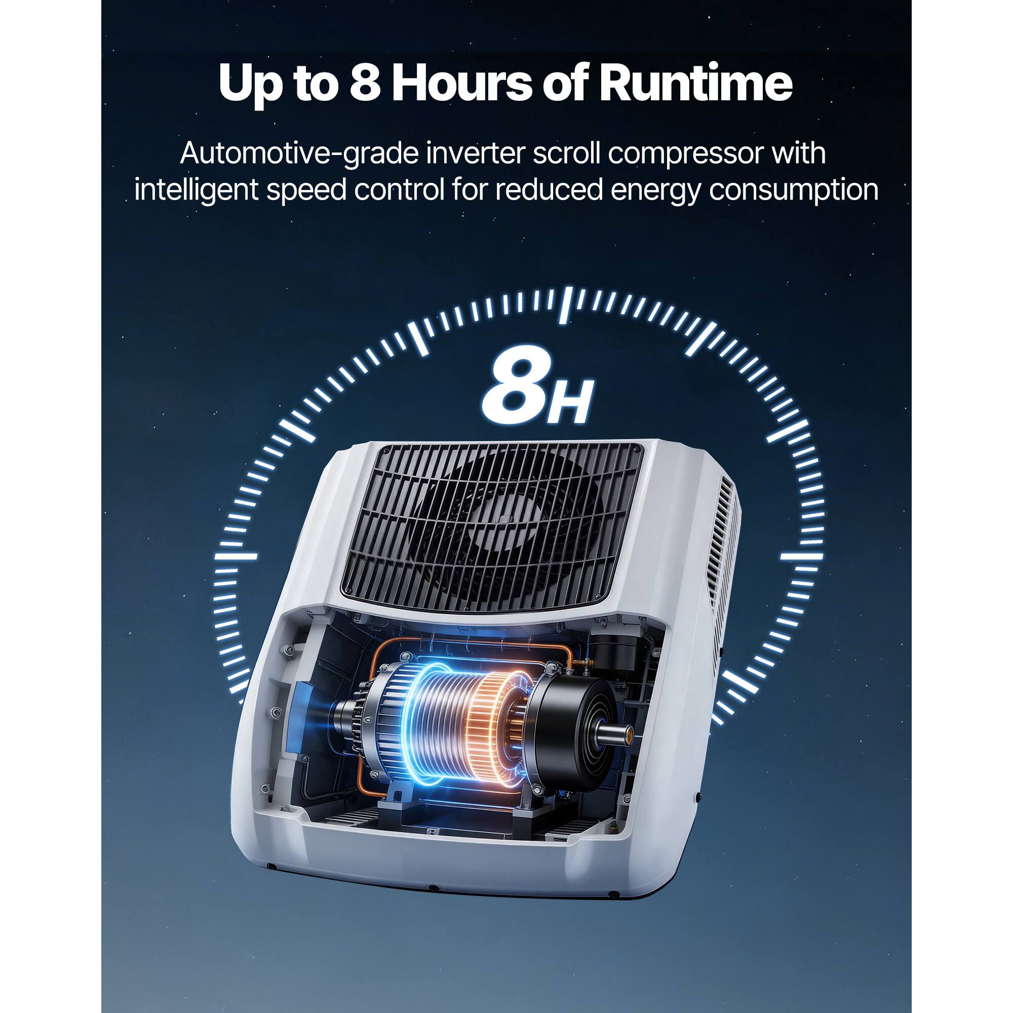 Up to 8 Hours of Runtime

Automotive-grade inverter scroll compressor with intelligent speed control for reduced energy consumption

8H