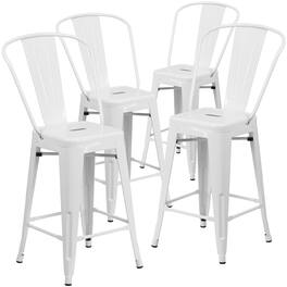 Emma + Oliver - Commercial Grade 4 Pack 24" High Metal Indoor-Outdoor Counter Height Stool with Back - White