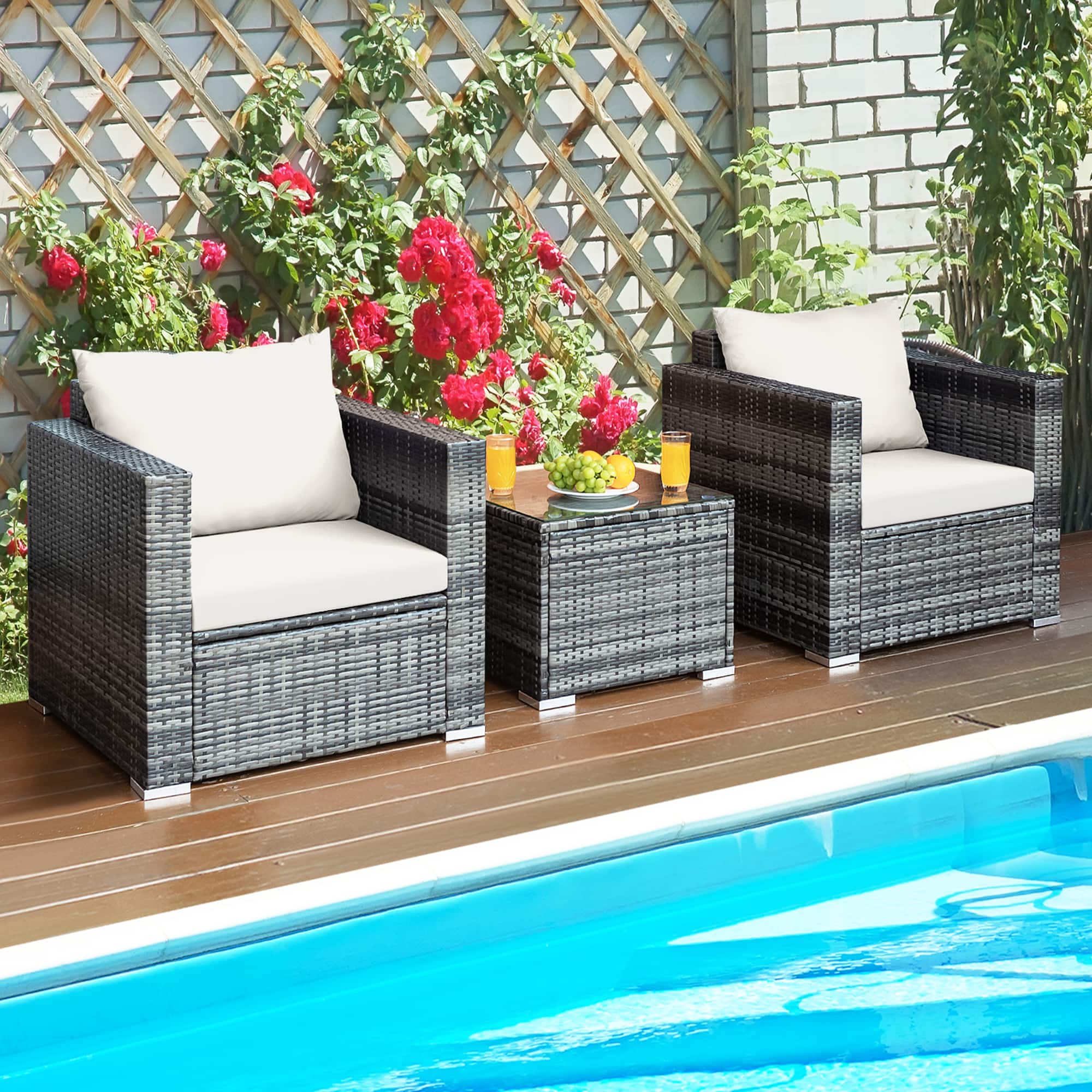 Gymax - 3PCS Rattan Patio Conversation Furniture Set Outdoor Yard w/ Cushion - White price history on PriceWatchPro