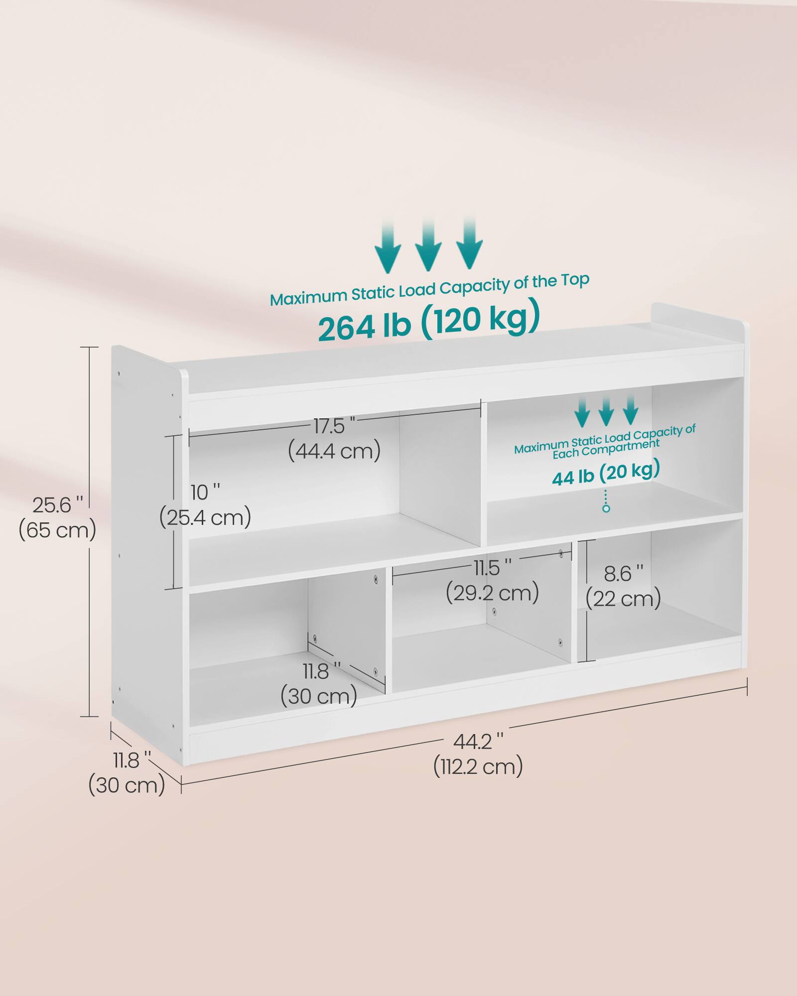 Capacity of the Top Maximum Static Load 264 lb (120 kg)  
25.6" (65 cm)  
10" (25.4 cm)  
17.5" (44.4 cm)  

Capacity of Static Load Maximum Each Compartment 44 lb (20 kg)  
11.5"  
8.6" (22 cm)  
11.8" (30 cm)  
11.8" (30 cm)  
44.2" (112.2 cm)