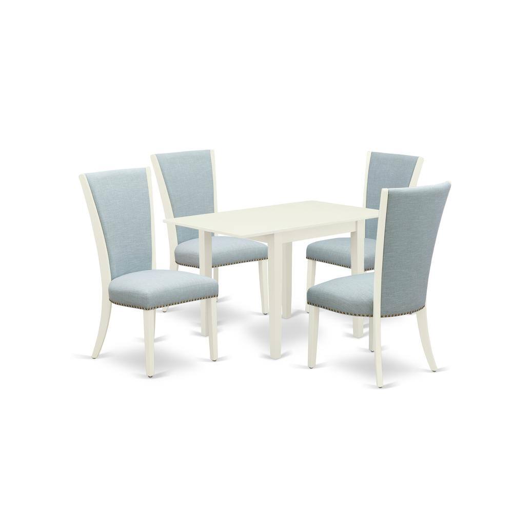 Left. East West Furniture - East-West Furniture NDVE5-LWH-15 - A dinette set of 4 amazing kitchen dining chairs with Linen Fabric Baby Blue color - Linen White.