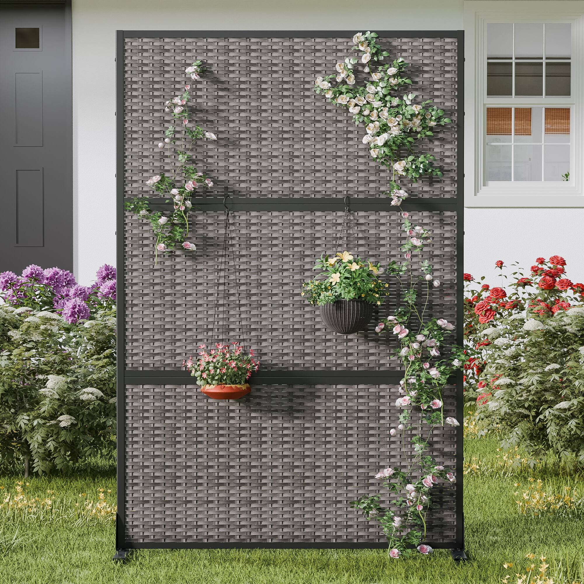 Alt View 1. PexFix - 72 in. x 47 in. Rattan Cross Pattern Metal Outdoor Privacy Screen & Panels, Freestanding Garden Divider Fence - Black.