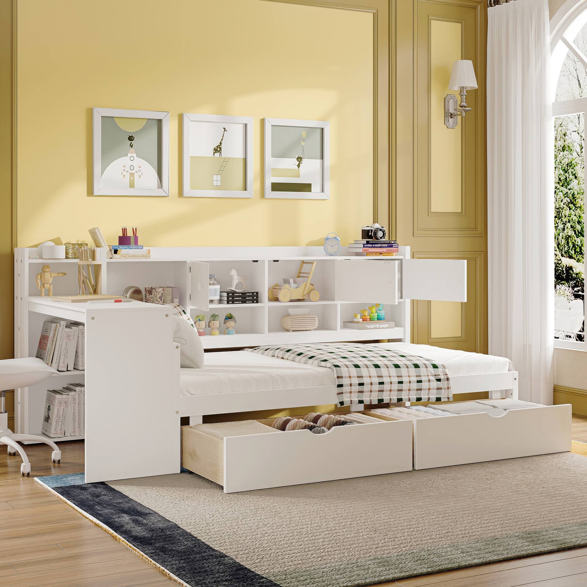 Angle. Tiramisubest - Wooden L-Shape Daybed with Storage Cabinets and Drawers, Multi-functional Bed with Study Desk and Built-in Bookshelf - White.