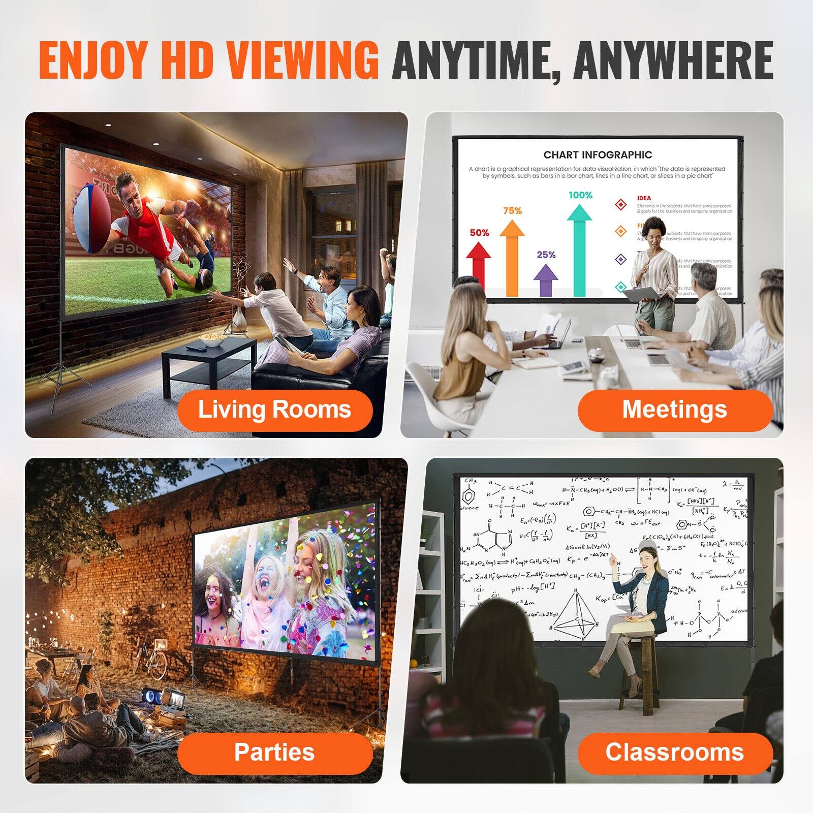 ENJOY HD VIEWING ANYTIME, ANYWHERE

Living Rooms

Meetings

Parties

Classrooms

CHART INFOGRAPHIC
A chart is a graphical representation for data visualization, which data is represented by symbols, such as bars in a bar chart, lines in a line chart, or slices in a pie chart.

100% 75% 50% 25%