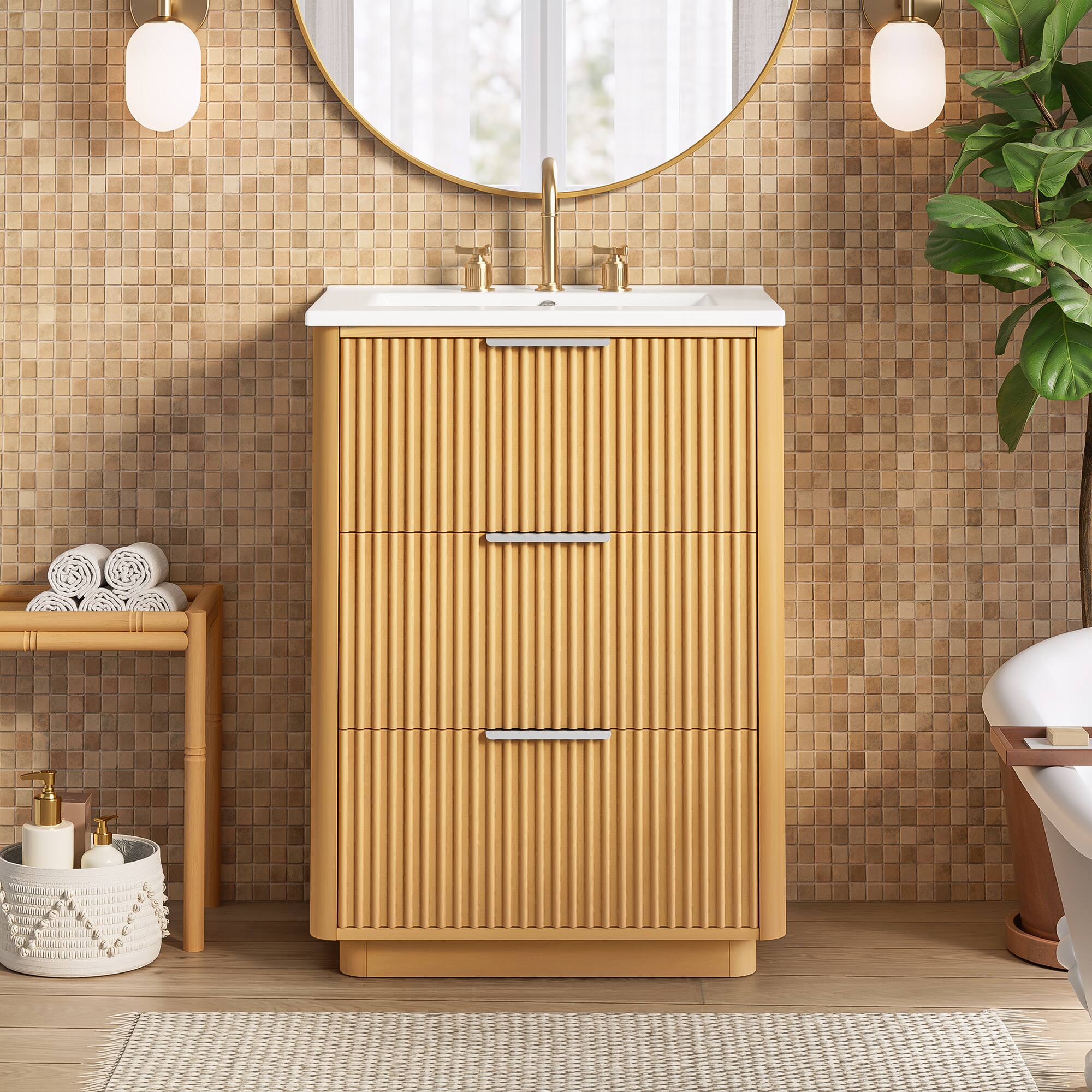 Angle. Whisen - 24" Modern Bathroom Vanity with Ceramic Sink, with Open Shelf and Closed Storage for Bathroom - Natural Wood.