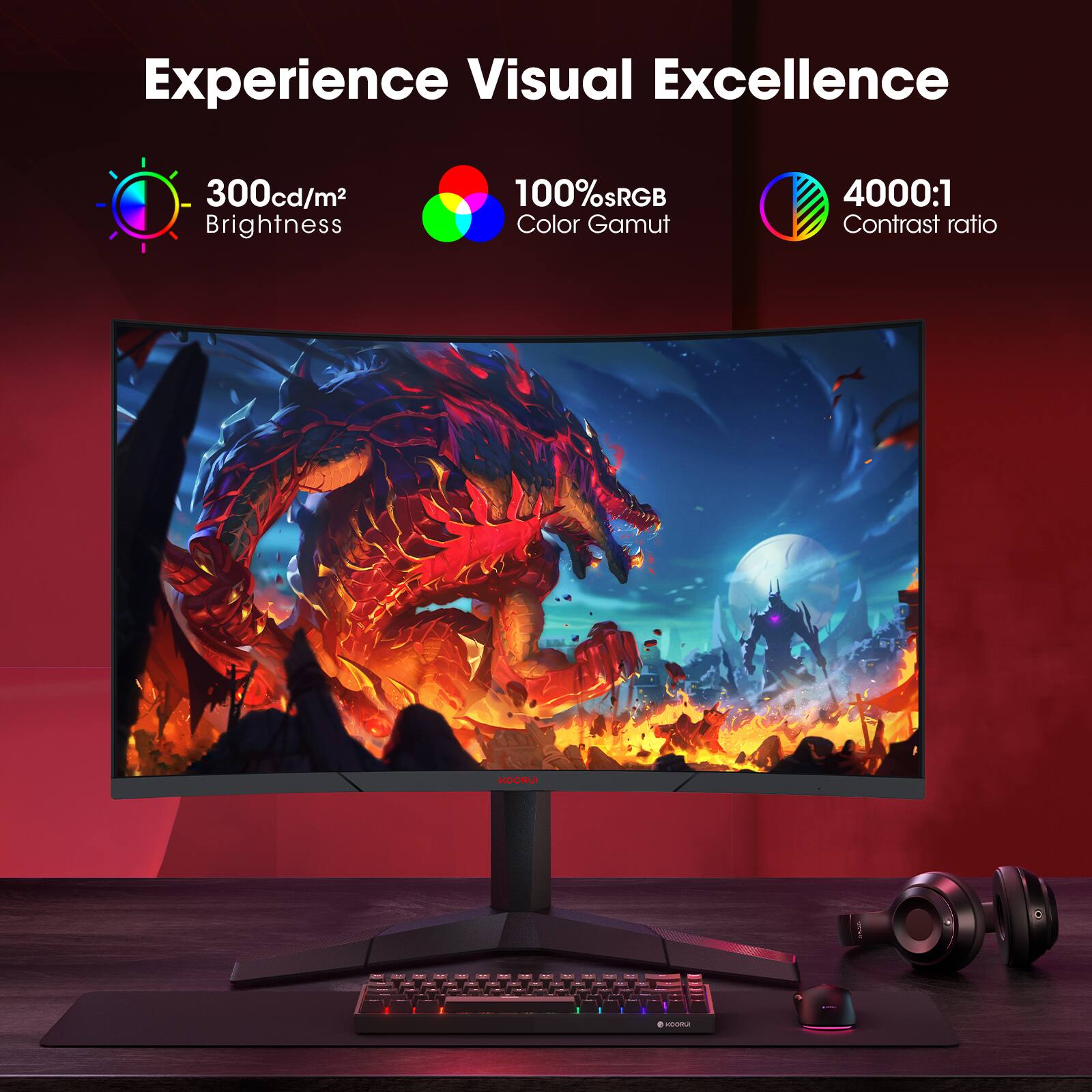 KOORUI 27 inch Curved Gaming Monitor, QHD(2560x1440) R1500 180Hz