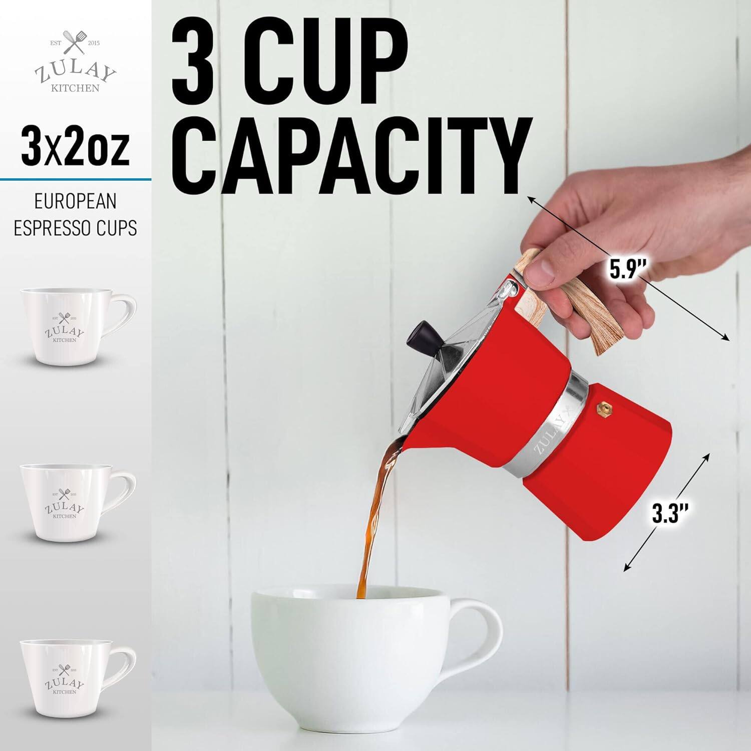 ZULAY KITCHEN  
EST 2015  

3 CUP CAPACITY  
3x2oz  
EUROPEAN ESPRESSO CUPS  

5.9"  
3.3"