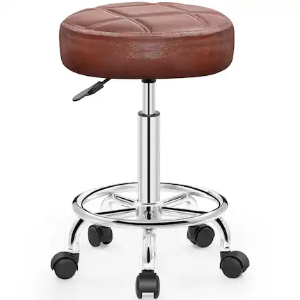 Front. KERDOM - Versatile Rolling Stool Adjustable Height PU Leather Swivel Small Office Chair without Back for Drawing Tattoo Salon Lab - Browm.
