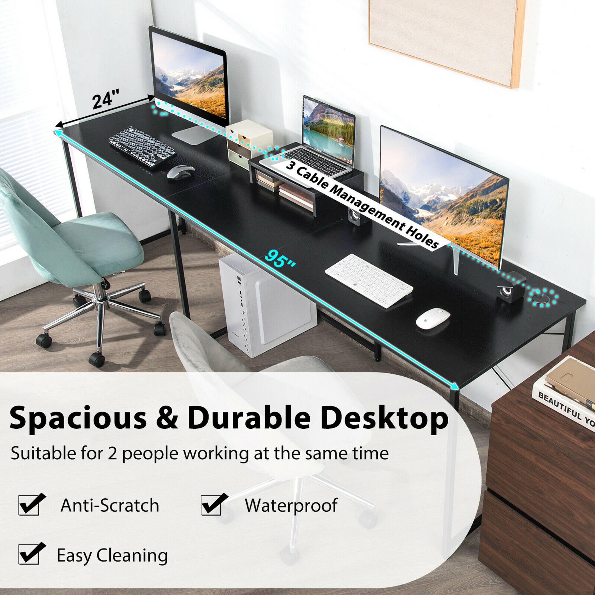 The text on the image is grouped and corrected as follows:
"24" 1R1L 3 Cable Management Holes 95" Spacious & Durable Desktop Suitable for 2 people working at the same time BEAUTIFUL YG Anti-Scratch Waterproof Easy Cleaning."